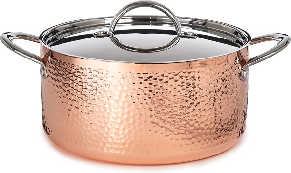 Berghoff Tri Ply Hammered Copper Dutch Oven With Lid, 9.5in, 5.75qt | Vintage Gold Finish, Stainless Steel & Aluminum Core, Ergonomic Handle, Non Induction Cookware For Gas & Electric Cooktops