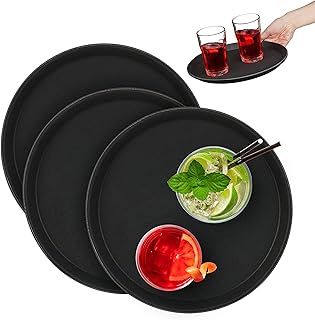 Relaxdays Serviertablett 3er Set, rund Ø 28 cm, Bartablett, rutschfeste Oberfläche, Kellnertablett Gastronomie, schwarz