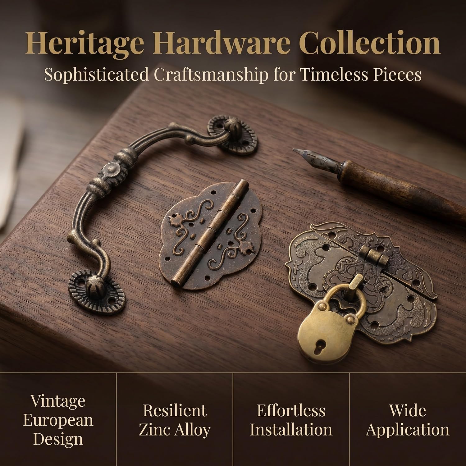 KALLORY 1 Set Jewelry Box Handle Hinges Latch - Decorative Antique Hardware Kit for DIY Wooden Cases Furniture Repair and Cabinet Restoration