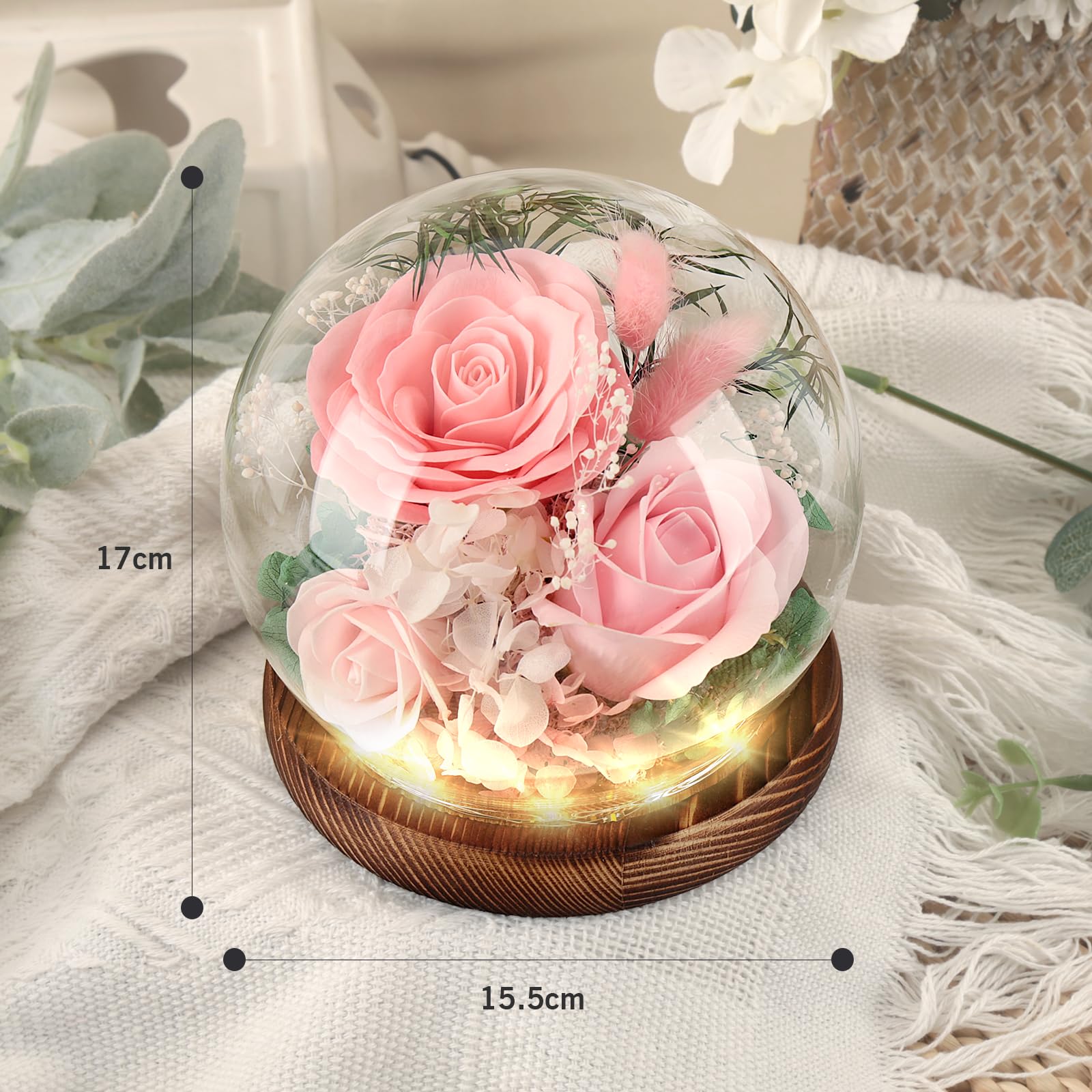 Fleurs Conservées Sous Dôme En Verre Avec Lumière LED - Rose éternelle (neuf, Cadeau Femme)