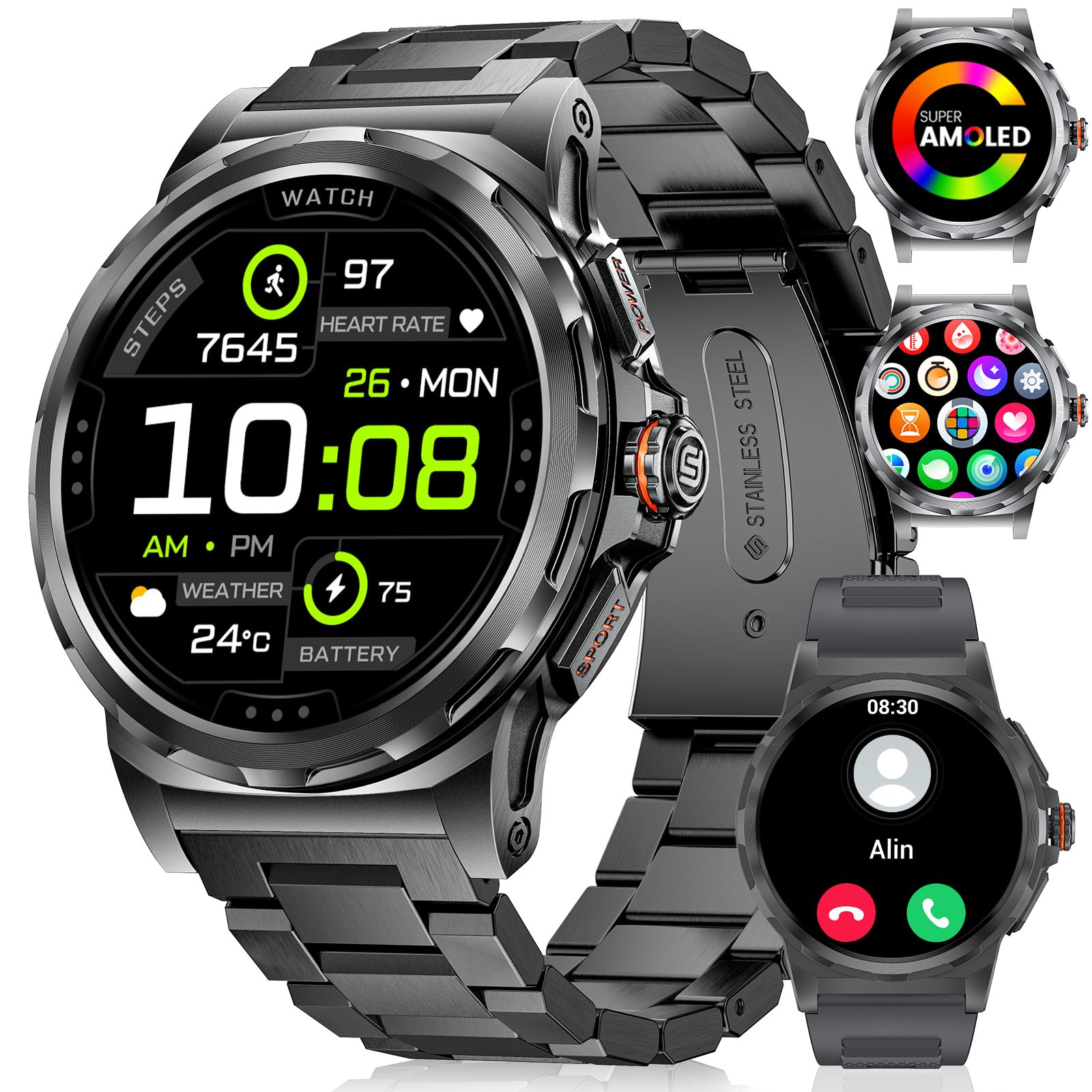 2025 Reloj Inteligente Hombres,1.43'' AMOLED Smartwatch Hombre Monitor de Sueño, 5ATM Impermeable Smartwatch Militar con Wasap Llamadas para Android iOS