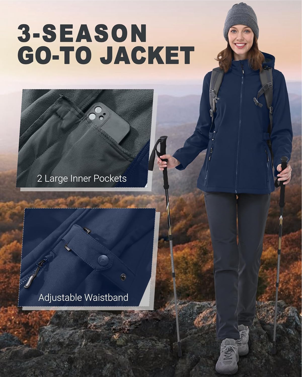 Outdoor Ventures Women's Softshell Jacket with Removable Hood, Insulated Windbreaker Waterproof Warm Fleece Lined Coat - Image 4