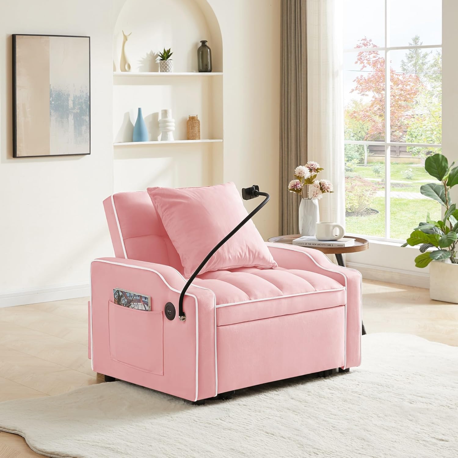 ZEIINPA 3 in 1 Single Sleeper Sofa Chair with Pullout Bed, Velvet Convertible Pull Out Couch with Adjustable Backrest, Modern Chaise Lounge with USB Port & Phone Holder for Living Room, Pink