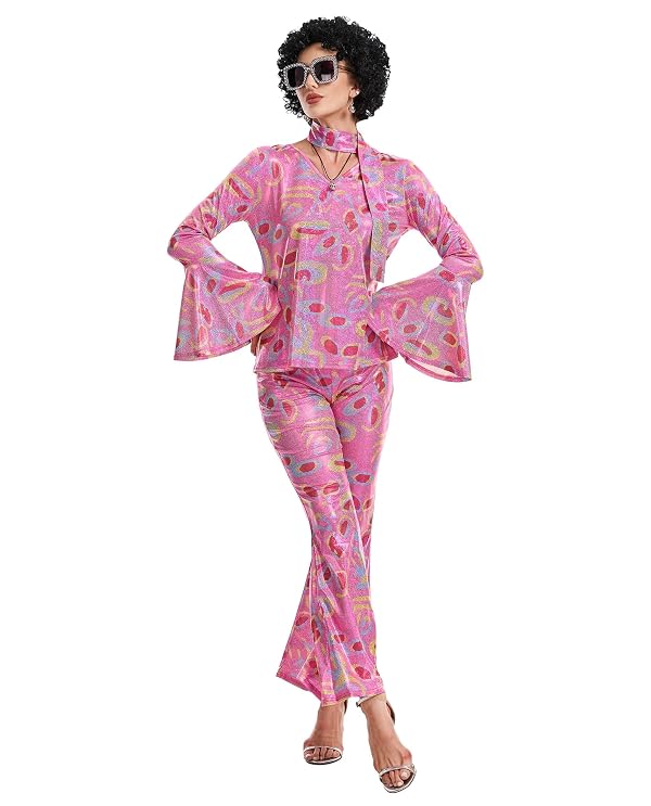 Yonroik 70s Disco Costume for Women-7 Pcs Disco Outfit with Sequin Top & Bell Bottoms,Wig, Earrings, glasses, Necklace, Headband (Pink, Small) by Yonroik - Used condition - Image 3