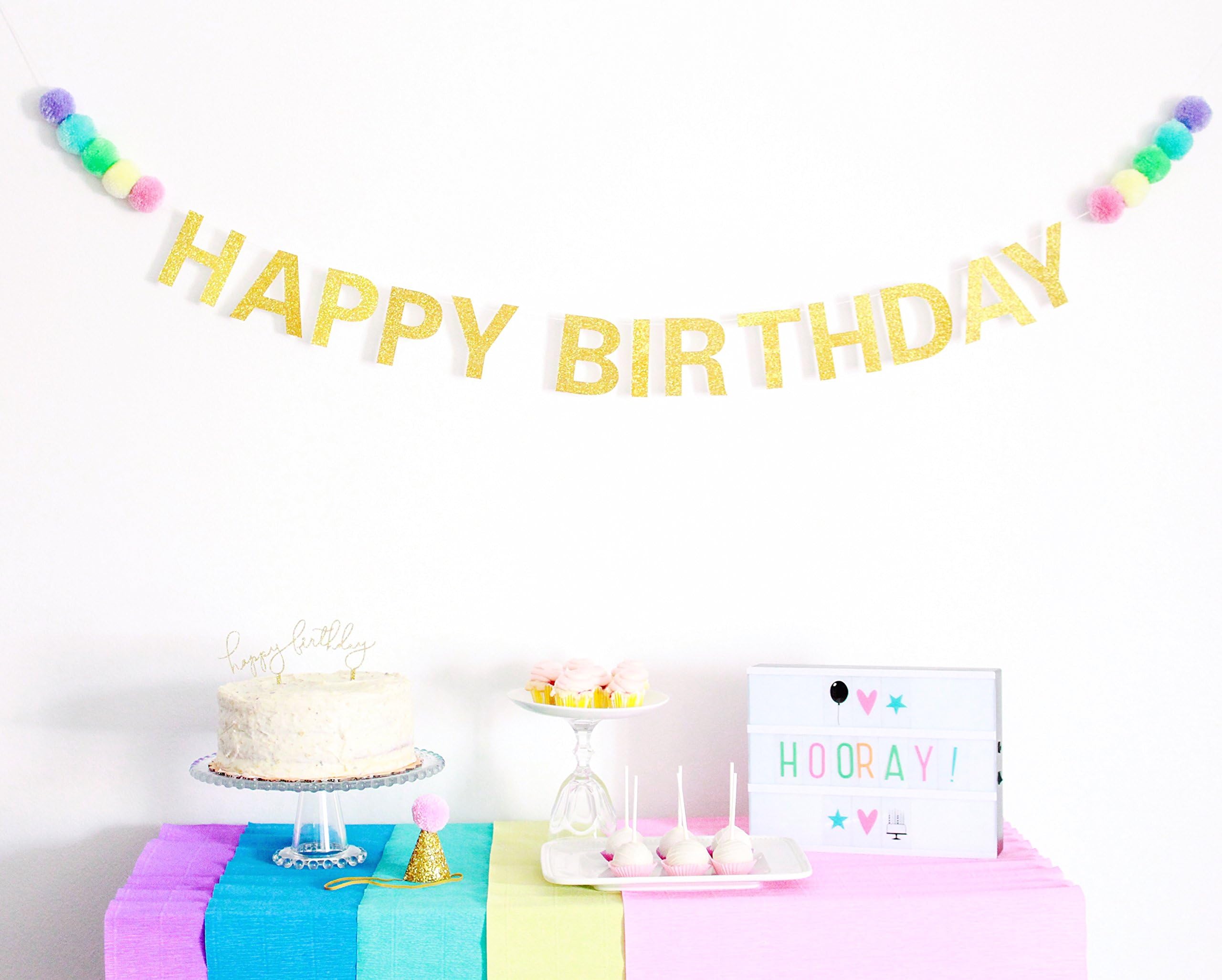 POSHAHOOLIEโข Happy Birthday Banner - Gold Glitter With Pastel Pom Poms - unicorn rainbow ice cream birthday party decorations happy birthday banner