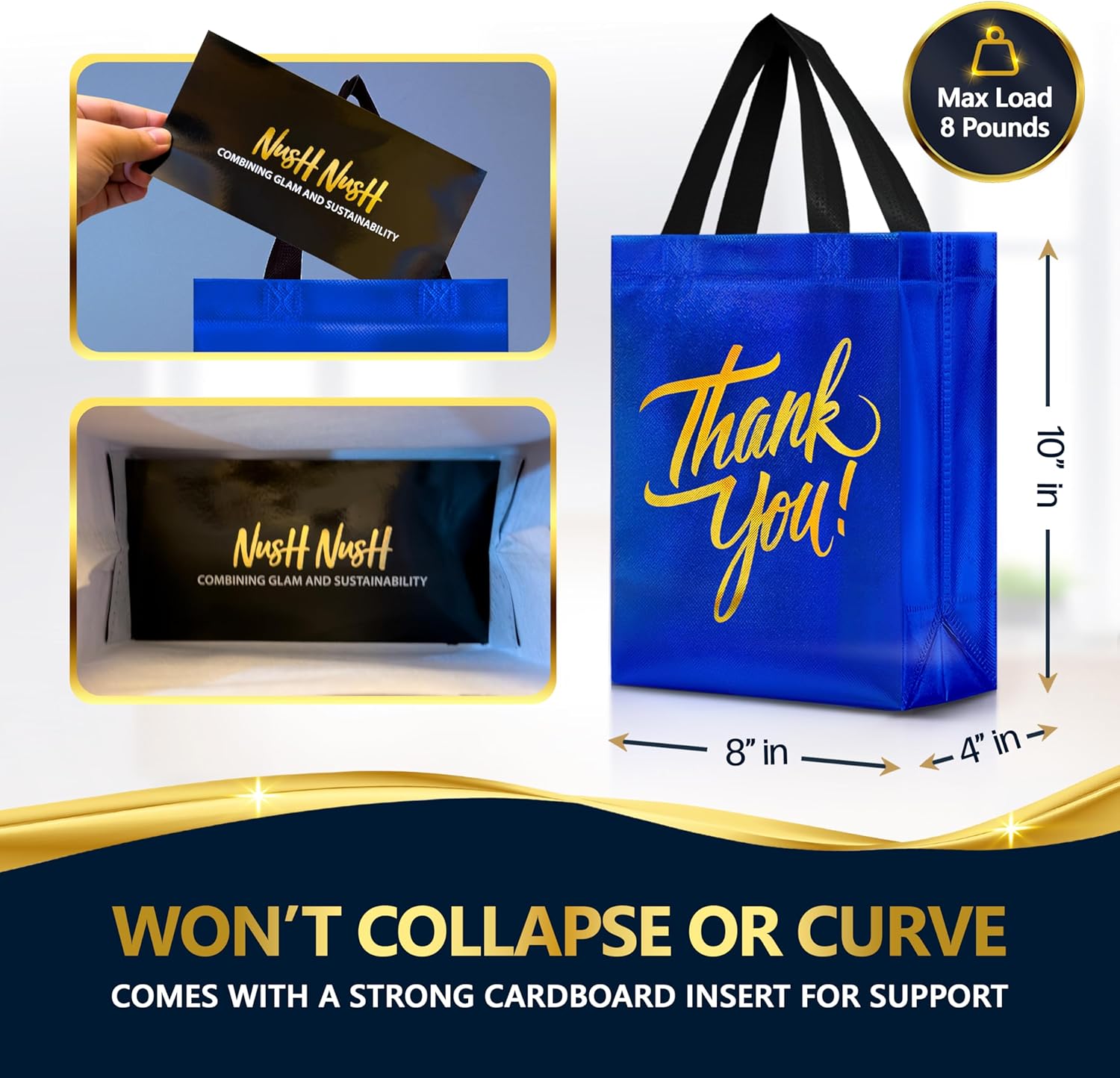 Nush Nush Blue Thank You Gift Bags Medium Size – Set of 12 Blue Reusable Thank You Bags with Handles And Holographic Finish - Perfect As Goodie, Birthday, Return, Party Favor Bags – 8Wx4Dx10H - Image 5