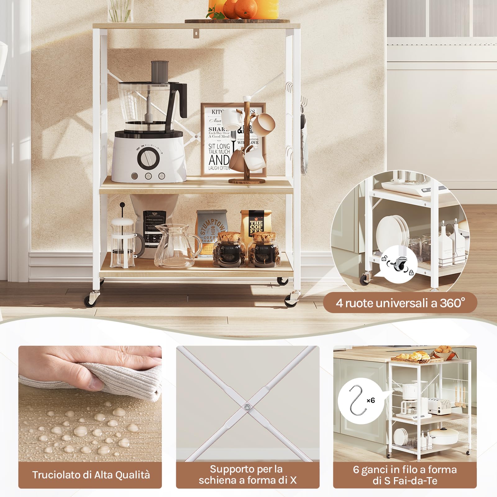 WOLTU Scaffale da Cucina con Ruote, Carrello Cucina a 3 Livelli, Scaffale per Microonde con 4 Ganci, Carrello da Bar con Struttura in Metallo, Bianco + Effetto Legno, 60x40x82,5 cm