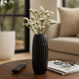 Oblong Decorative Vase with Textured Finish – Ceramic Decorative Vases for Home Decor – Modern Centerpiece Flower Vases for Living Room, Bedroom & Office – 16", Black