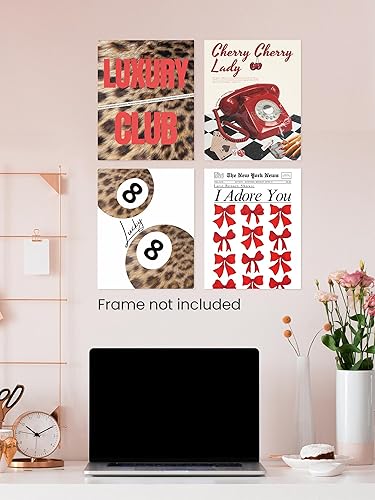 Miniatura 6 de Juego de 4 impresiones artísticas de pared de 8 bolas de la suerte con estampado retro de los años 70, diseño de leopardo y cereza roja de los años