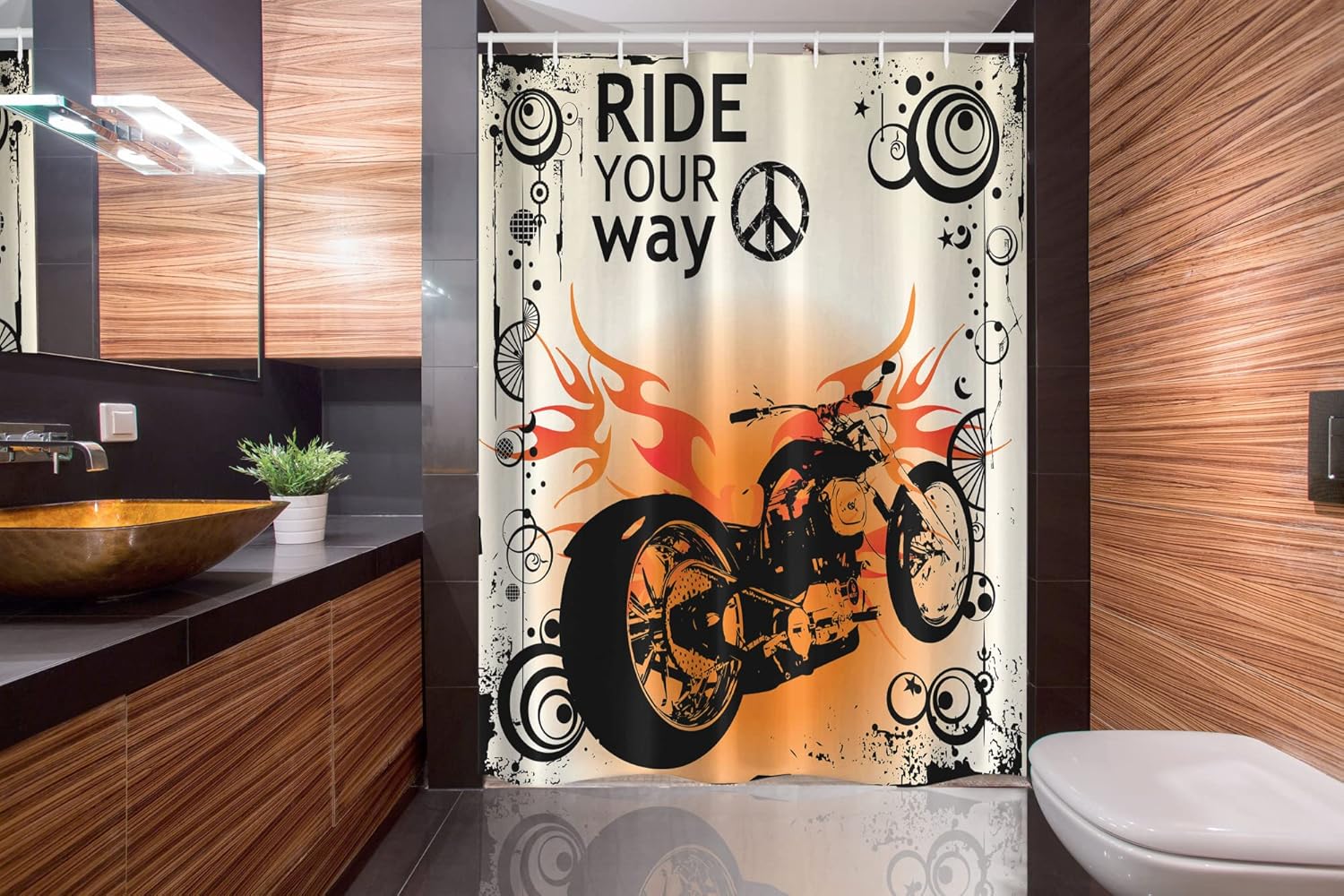 Ambesonne Manly Stall Shower Curtain, Motorcycle Image with Ride Your Way Text Peace Sign Freedom Action Freestyle, Fabric Bathroom Decor Set with Hooks, 54" W x 78" L, Black Orange Cream