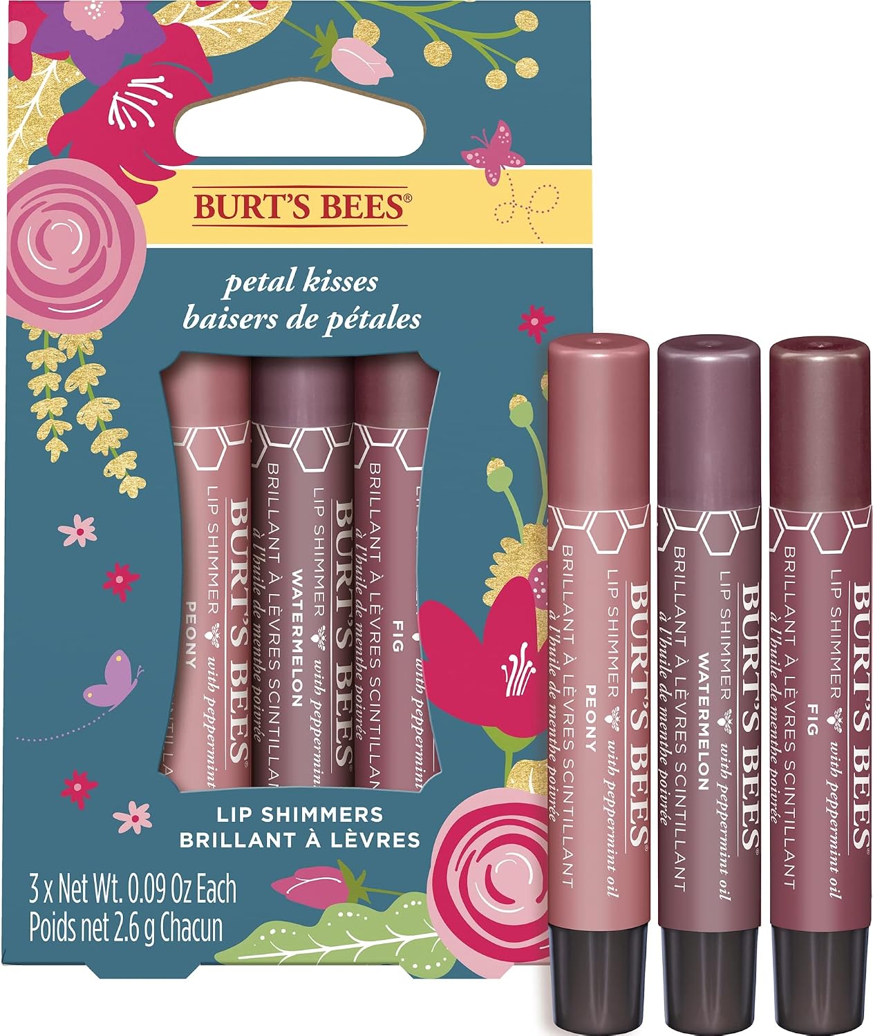 Burt's Bees Lip Colour Gift Set, 3 Lip Shimmers in Peony, Rhubarb and Fig Shades, Petal Kisses, 3x2.6g