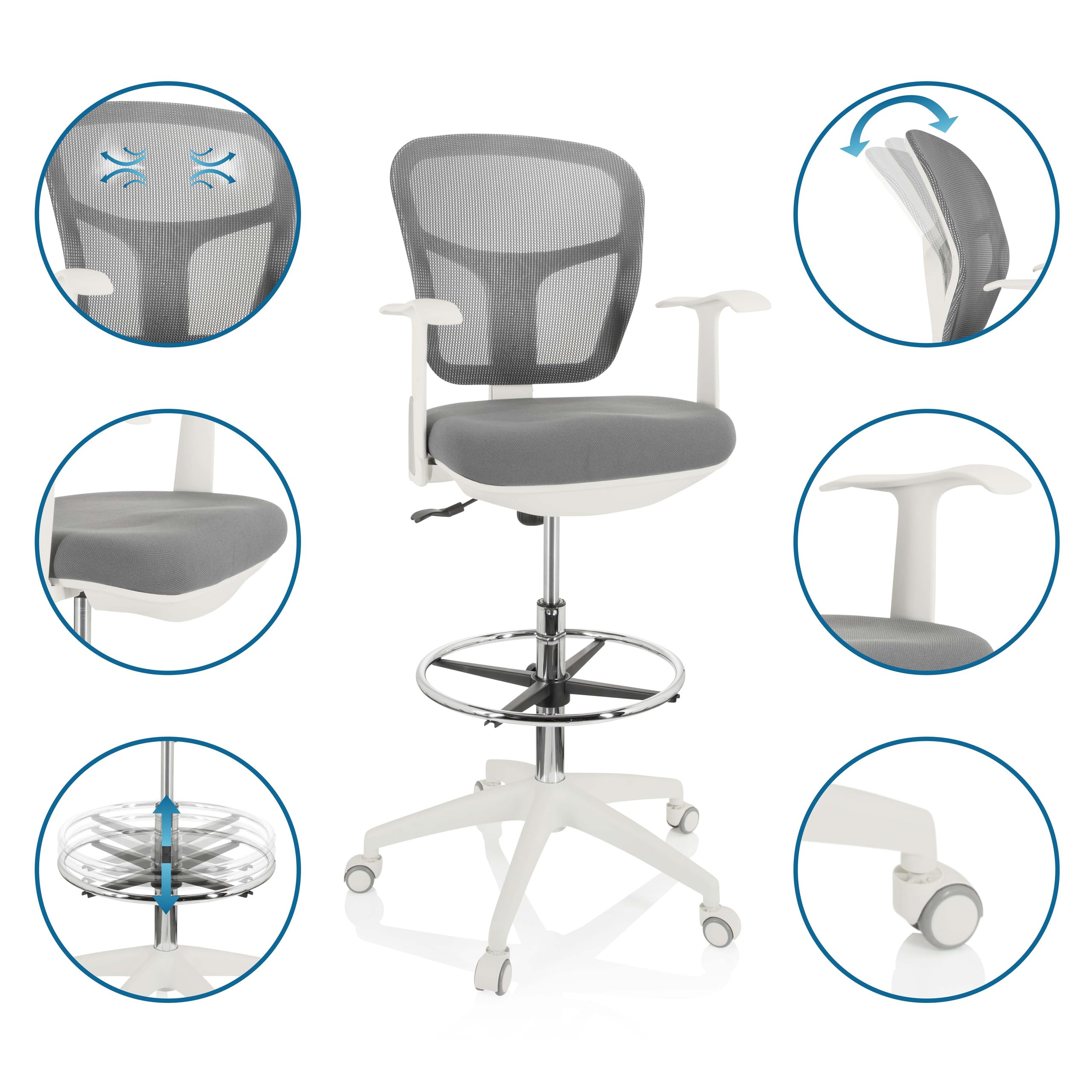 hjh OFFICE Silla de Trabajo Silla de Oficina Taburete Giratorio Top Work 108 Tela Malla Reposapiés Regulable en Altura Blanco