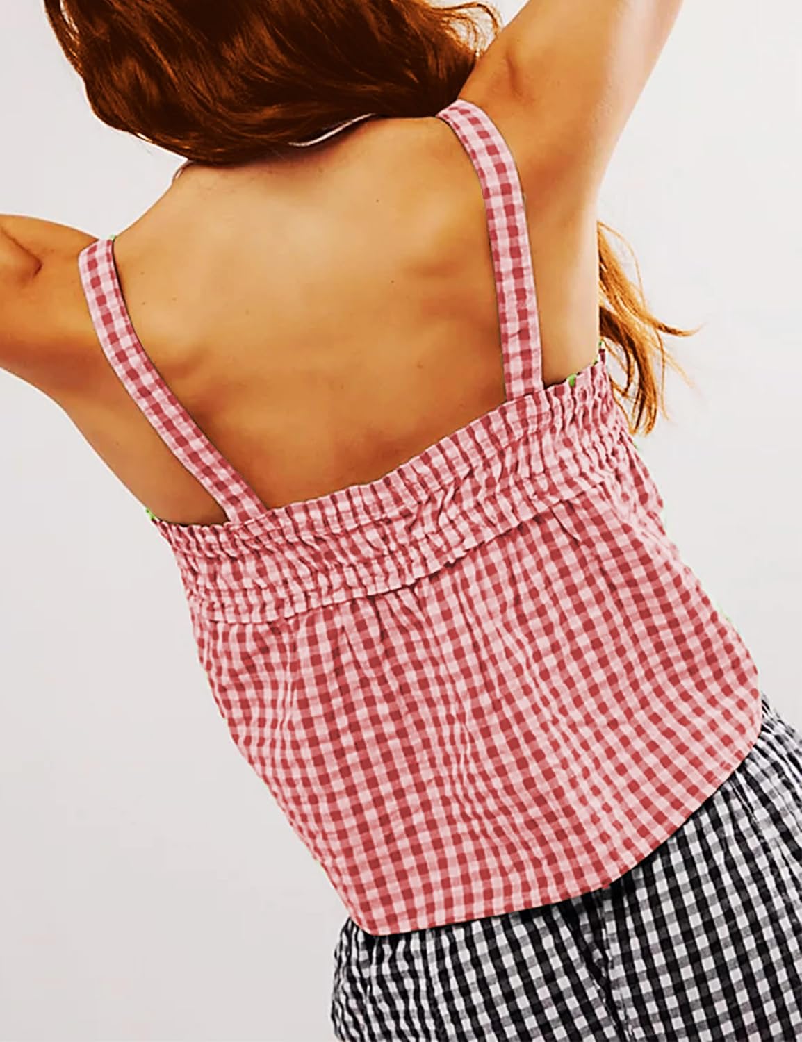 Women Y2K Tie Front Gingham Crop Tank Tops Square Neck Sleeveless Plaid Camisoles Summer Cute Backless Shirred Vest Shirt - Image 5