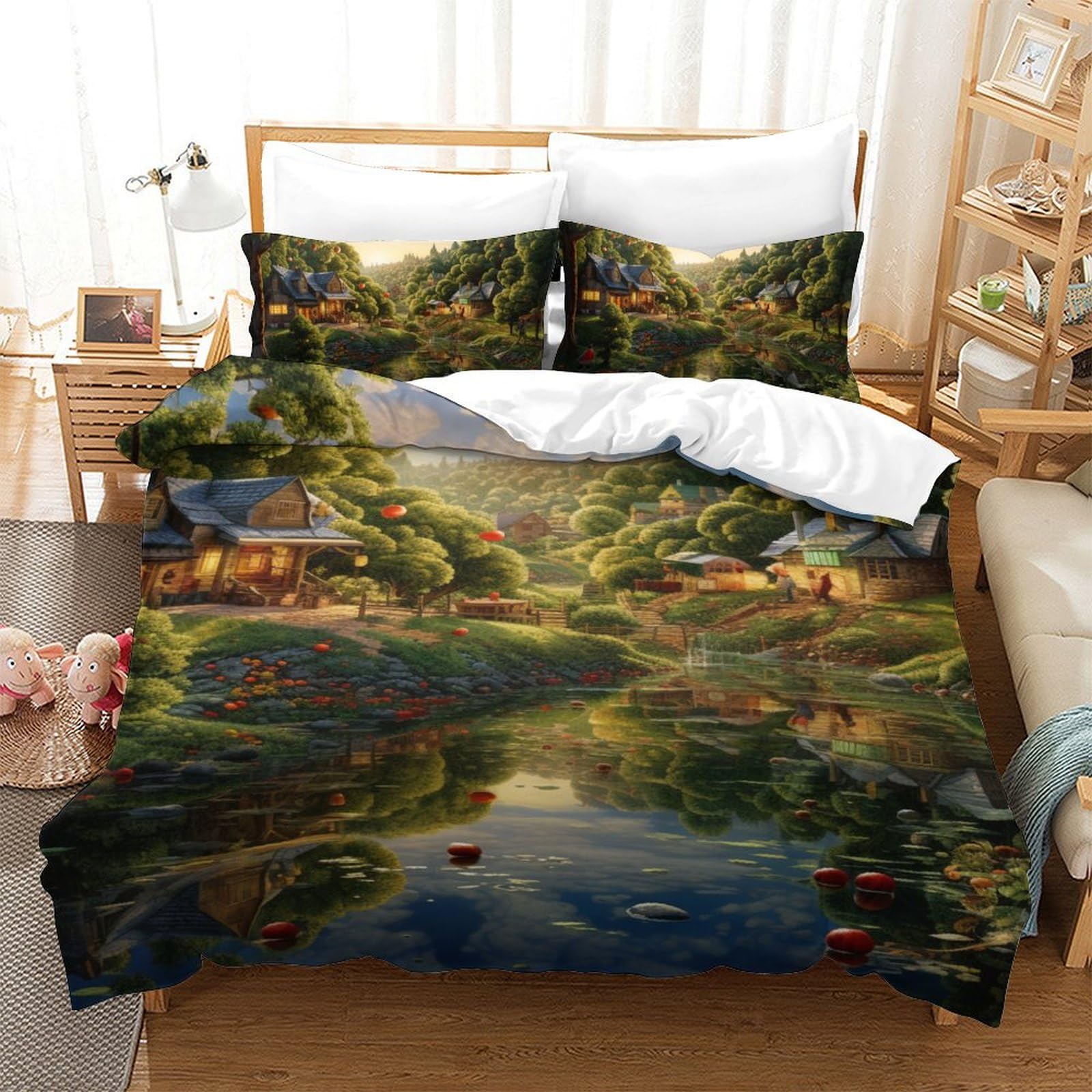 Housse de couette chalet de montagne 140x200 microfiche avec taies