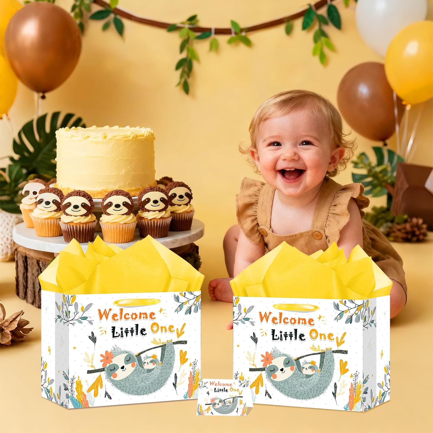 bigniuzi Sloth Baby Shower Paper Gift Bag for Girls Boys with Tissue Paper and Greeting Card Sloth Baby Shower Wrapping Paper for Party Supplies Yellow - Image 5