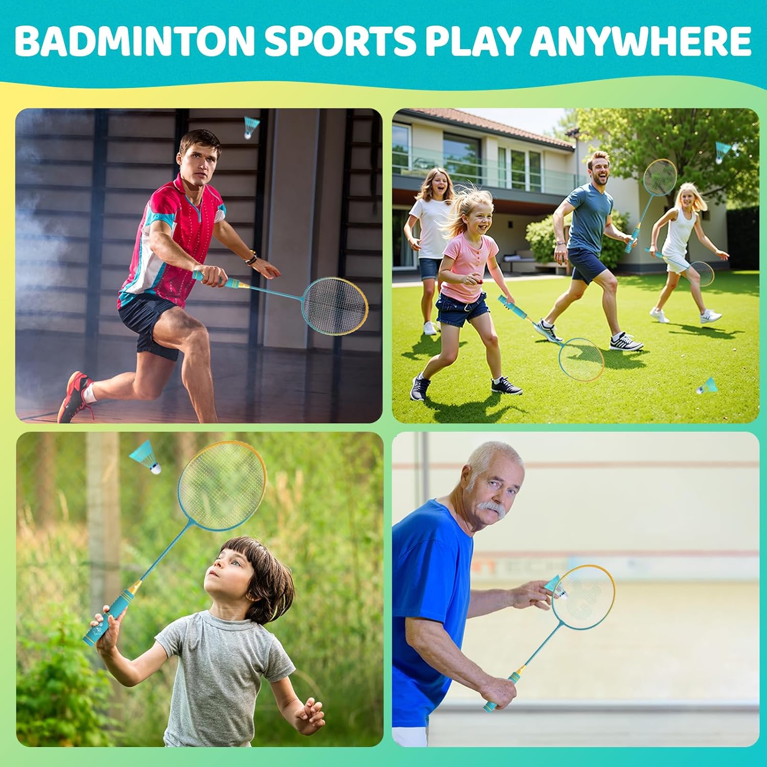 Badminton Rackets Set of 4 for Outdoor Backyard Games,Including 4 Rackets, 6 Nylon Shuttlecocks, 4 Replacement Grip Tapes and 1 Carrying Bag, Lightweight Badminton Racquets for Kids Adults Beginners