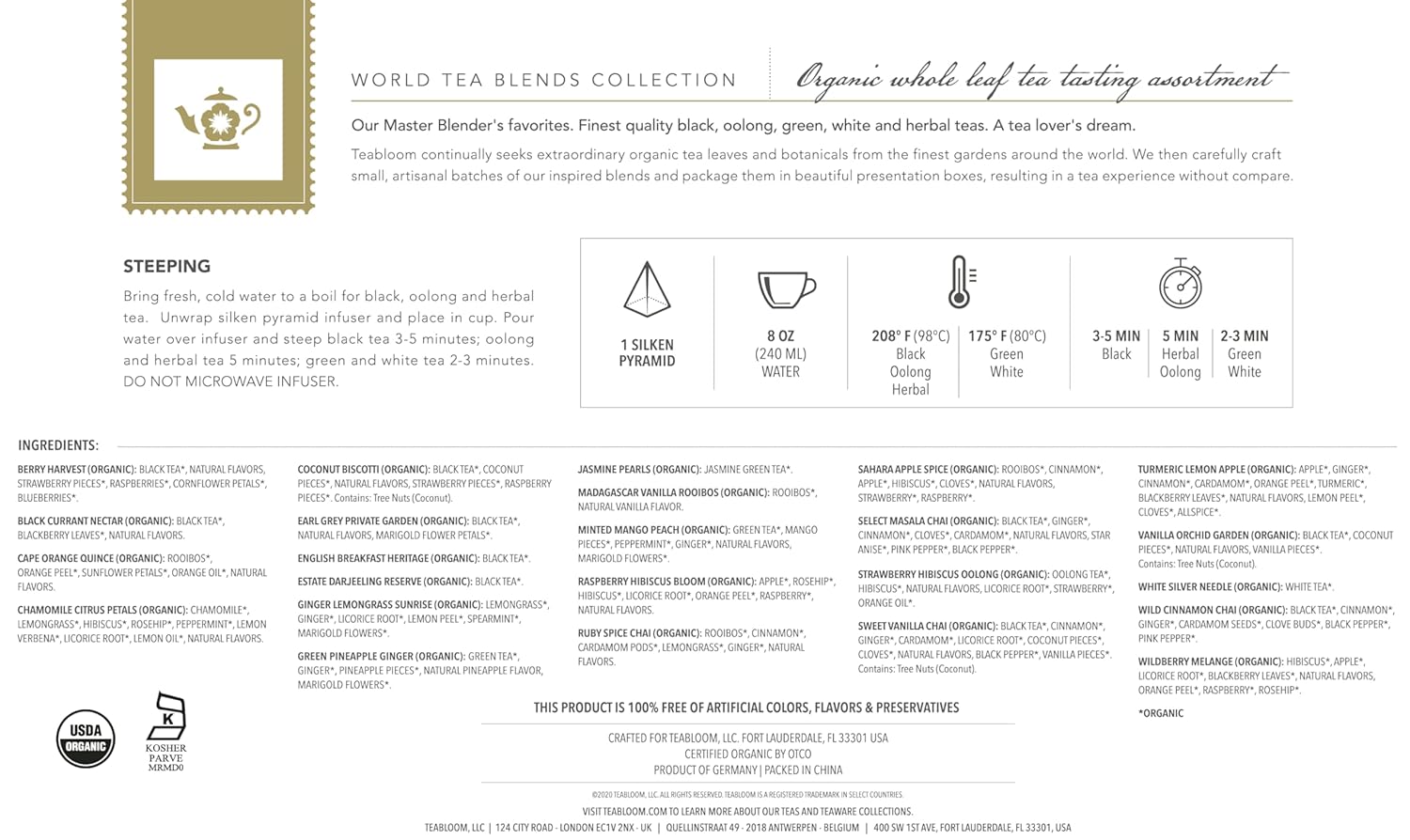 Teabloom - World's Finest Pyramid Tea Collection, 24 Varieties of USDA Certified Organic & Kosher Teas - Black Tea, Green Tea, White Tea, Oolong Tea, and Herbal/Fruit Tea Blends - Image 7