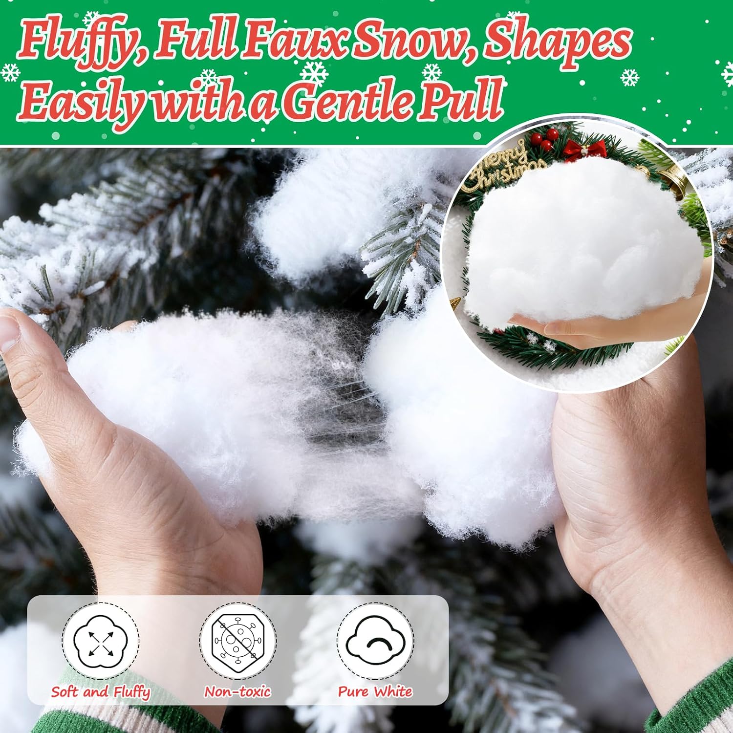 32 OZ Christmas Fake Snow, Fluffy Artificial Snow for Christmas Village, White Cotton Faux Snow Fluffy Decor for Crafts Christmas Tree Village Display Table Nativity Scenes Indoor Decorations