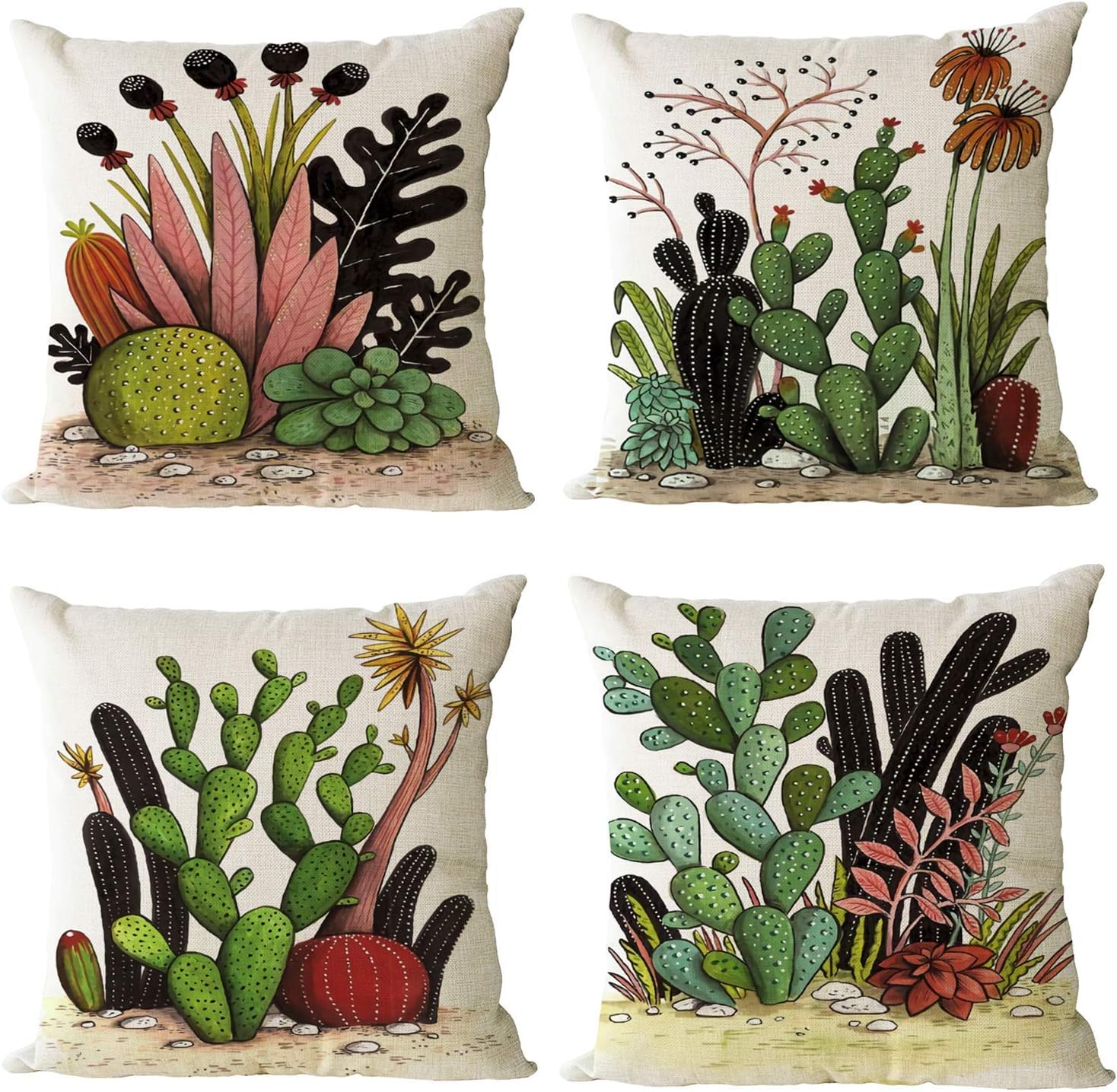YeeJu Set of 4 Cactus Plant Decorative Throw Pillow Covers Square Cotton Linen Cushion Covers Outdoor Couch Sofa Home Pillow Cases 20x20 Inch
