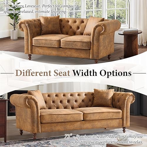 Miniatura 10 de Sofá Chesterfield Air tapizado de cuero de 79 pulgadas, sofá tapizado con brazo enrollado de 3 plazas con 2 almohadas, sofá Chesterfield moderno de