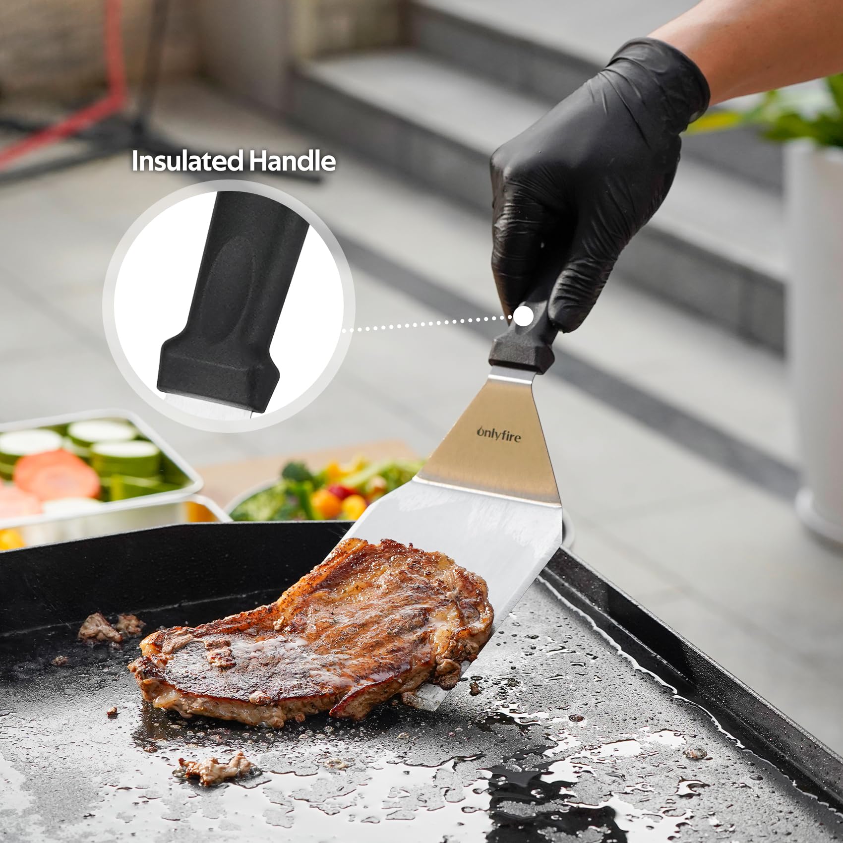 Onlyfire Set Accessoires Plancha 4 Pièces – Presse Burger Fonte, Spatule Perforée, Spatules