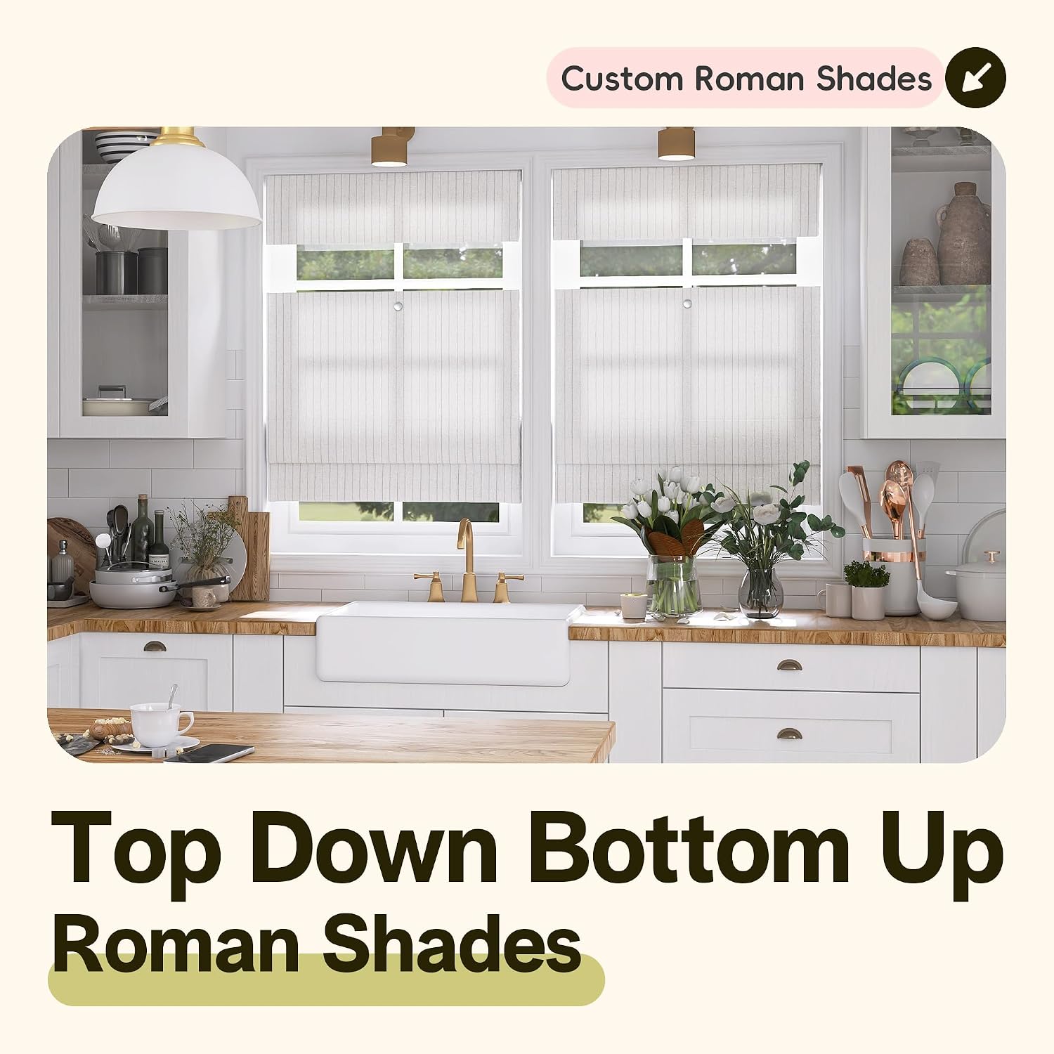 Top Down Bottom Up Roman Shade, Blackout or Light Filtering TDBU Cordless Roman Blind for Window, Thermal Insulated, UV Protection, Custom Size for Home, Office, Drill TDBU Type
