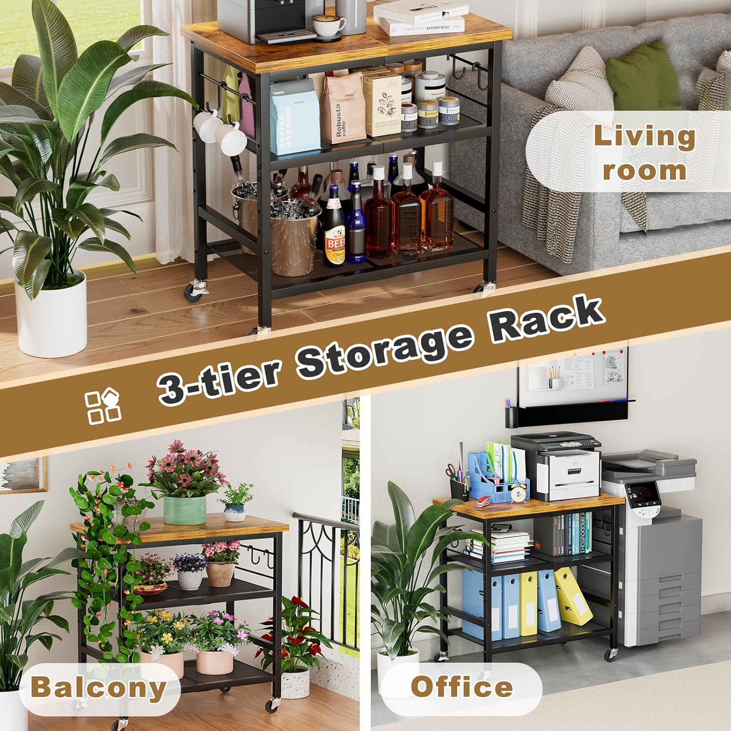 Rolling Kitchen Microwave Cart, 3 Tier Microwave Stand with Wheels, Bathroom Organizers and Storage Shelf, Coffee Bar Table Station, Utility Side Table for Kitchen, Living Room Office, Brown