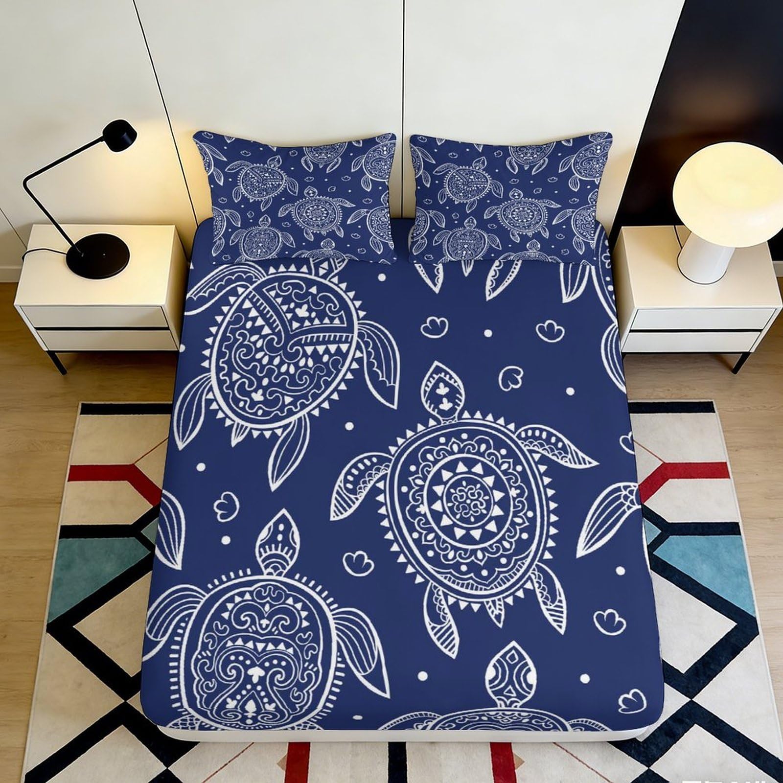 Pnayamiorkfel Style-9 3D Printed Mandala Turtle Fitted Sheet Microfiber Soft Navy Blue Mattress Cover Bedroom Decor Anti-Slip Machine Washable 90X200x25cm