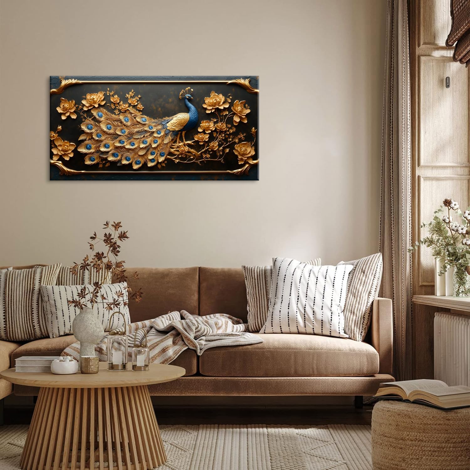 ZESTRILIA Pretty Peacock Wall Art for Living Room Office Gold Country Rustic Retro Asian Canvas Painting Prints Golden Vintage Elegant Peackock Artwork Dining Bedroom Decor (40x20 Inches)