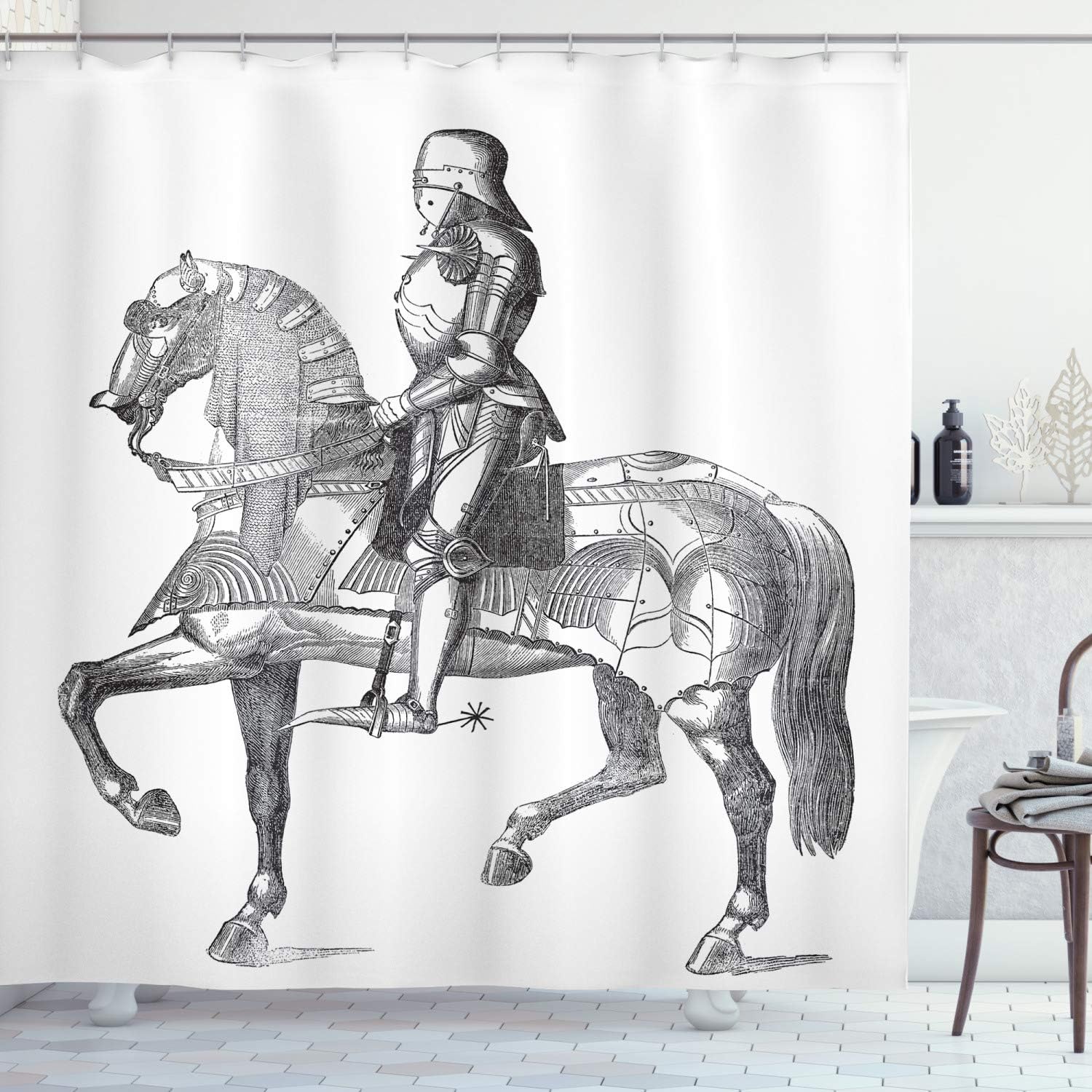 Ambesonne Medieval Shower Curtain, Retro and Vintage Illustration of a Middle Age Renaissance Chivalry a Knight on The Horse Artwork, Cloth Fabric Bathroom Set with Hooks, 69" W x 70" L, White Grey