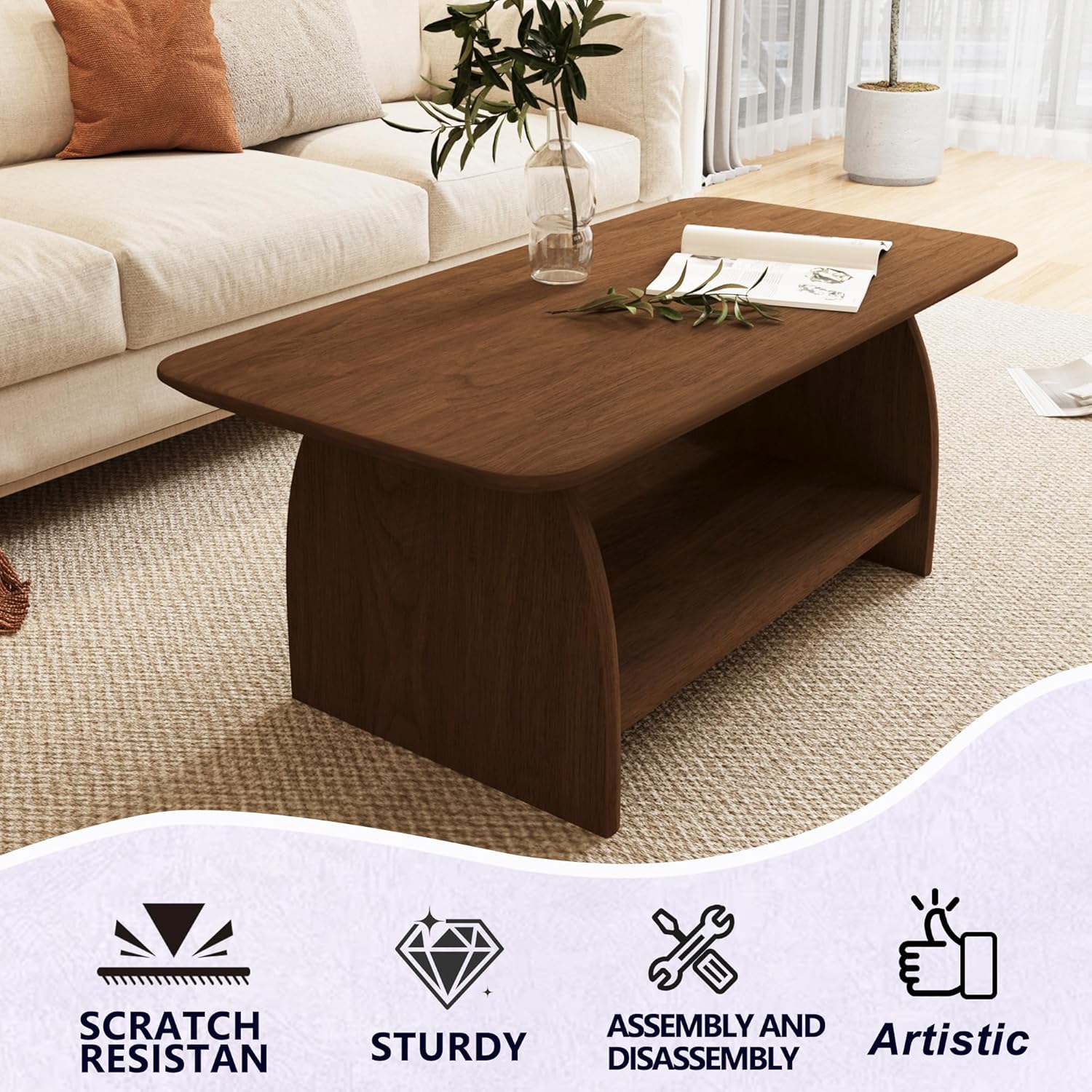 Wooden Coffee Table, 47" Retangle Coffee Table for Living Room, Farmhouse Walnut Center Table with Smooth Edges and Storage Shelf, Sturdy & Easy to Assemble