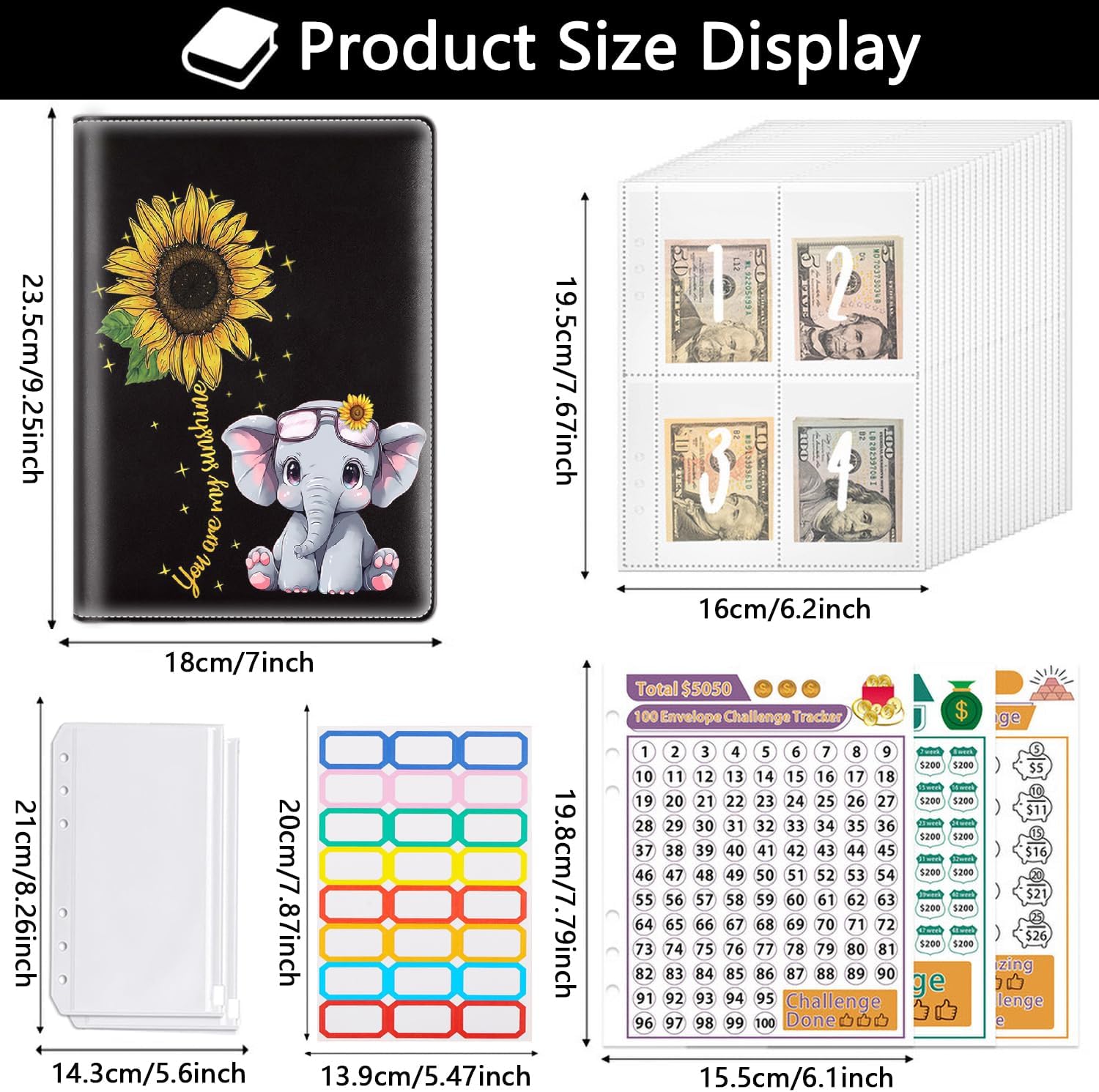 100 Envelopes Money Saving Challenge,Money Saving Binder, Budget Binder Savings Challenge Book,Savings Challenges Budget Book Binder,Budget Planner Book for Saving Money,Cute Elephant and Sunflower