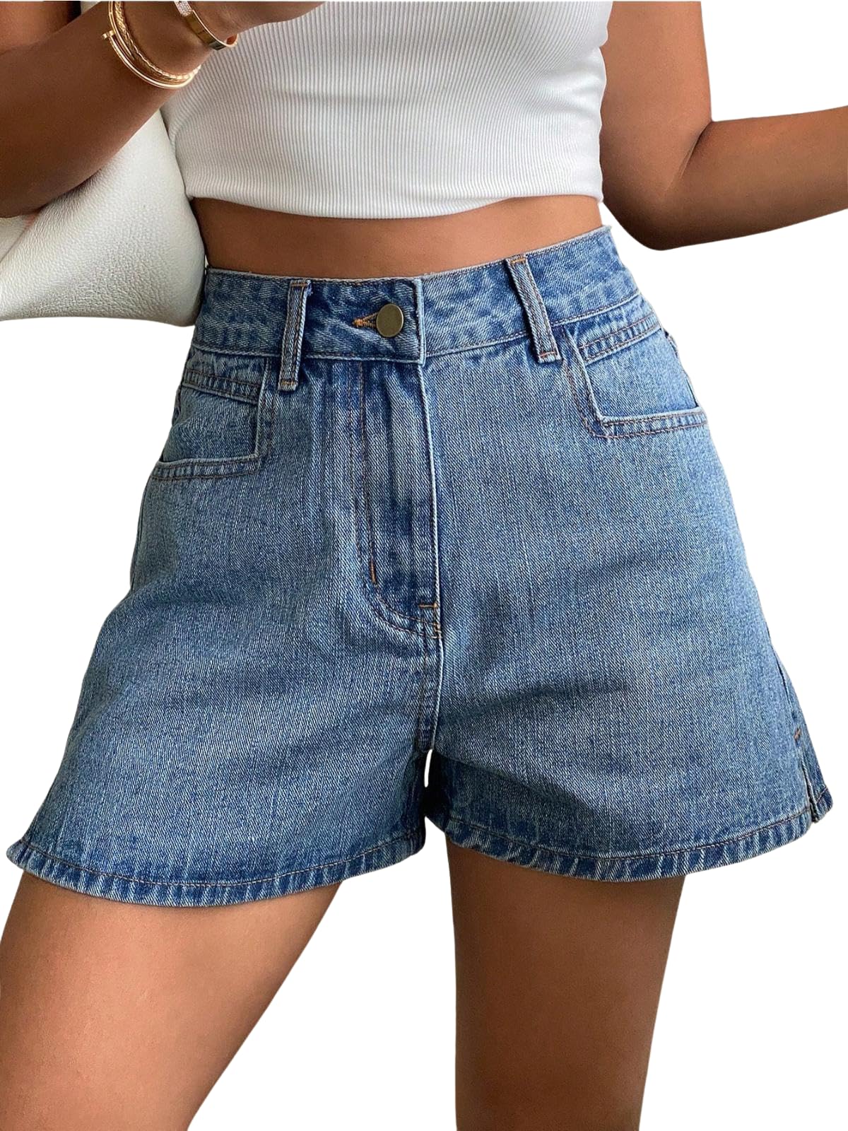 greciilooks Blue Women Denim Shorts | High Waist Casual Summer Shorts for Women | Cotton Blend Above Knee Bottomwear with Pockets | Regular Fit Street Style Fashion-picture-54