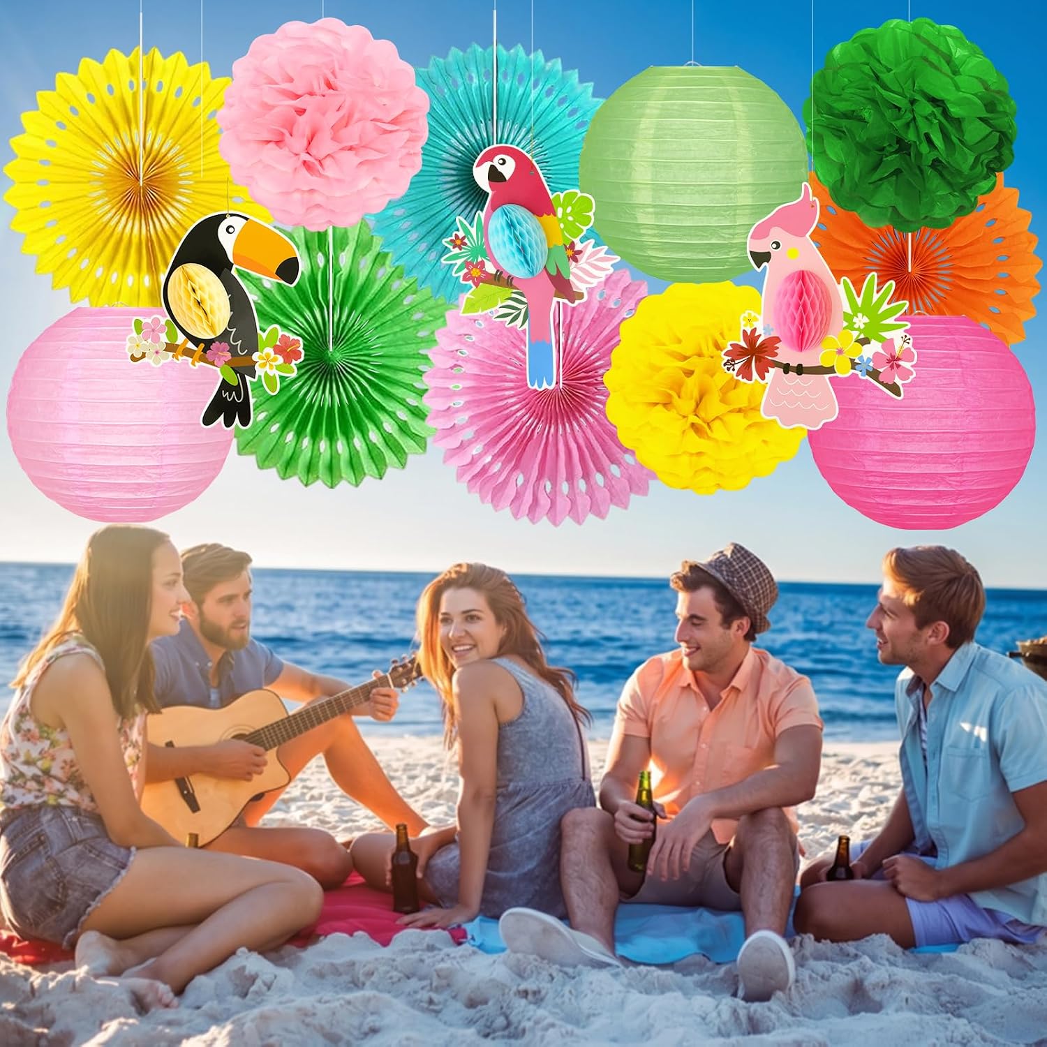 Hawaiian Party Decorations, Luau Party Decor Tropical Bird Hanging Paper Lanterns Paper Fans Tissue Pom poms Flowers for Birthday Luau Tropical Pool Beach Bachelorette Summer Party
