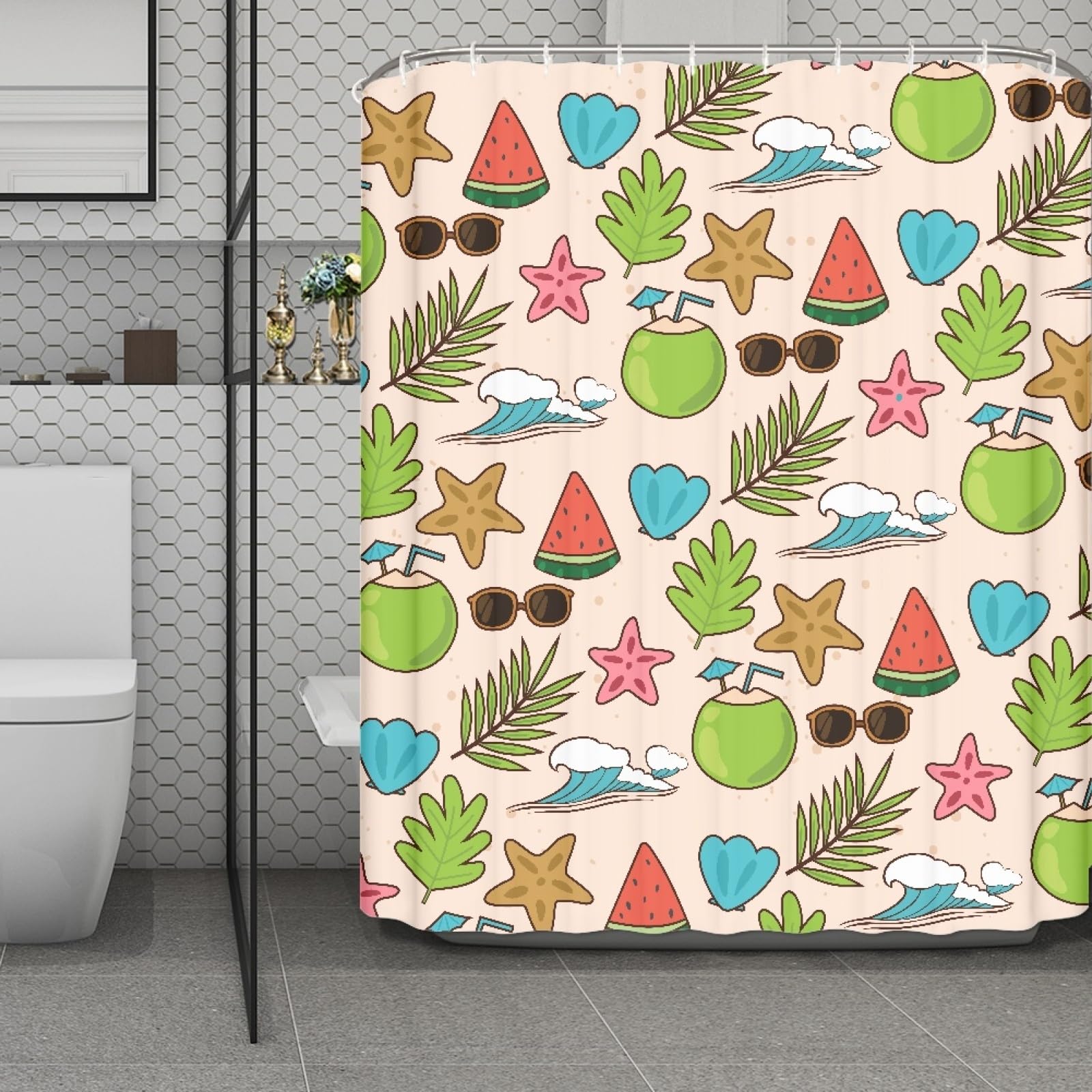 Rideau de douche 180x220 jaune bleu vert en polyester lavable pour une salle de bain moderne