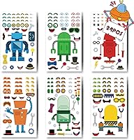 Vista 1 de 24 hojas de calcomanías para hacer tu propio robot para hacer una cara, calcomanías para niños pequeños con robots, manualidades, suministros