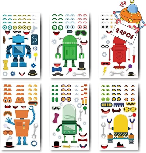 24 hojas de calcomanías para hacer tu propio robot para hacer una cara, calcomanías para niños pequeños con robots, manualidades, suministros de