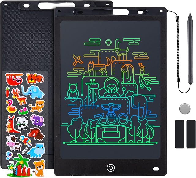 Coolzon Colourful LCD Writing Tablet Kids, 12 Inch Erasable Writing Tablet with Lock Function Kids Drawing Pad for Painting Drawing and Memo Lists,Free Animal Cartoon Stickers,Black