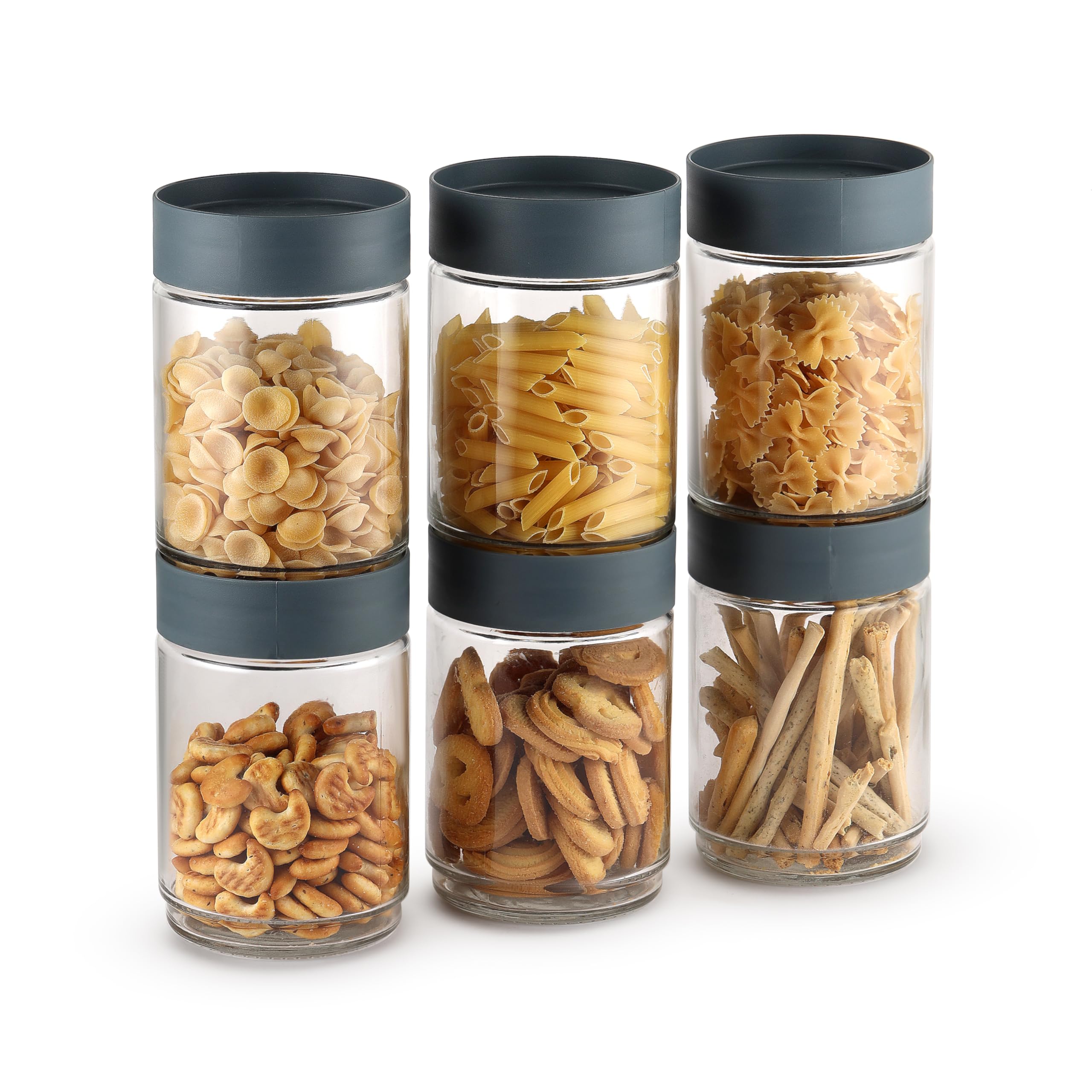 CELLO Modustack Pet Storage Jar For Kitchen Set of 6 Pcs, 1500 ml Grey | Freezer & Fridge Safe, See Through Airtight Stackable Pet Kitchen Storage Box Container Set For Beans, Whole Grains, Spices