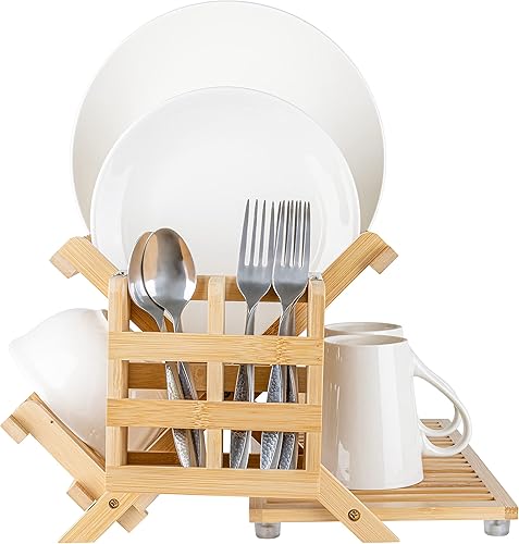 Miniatura 7 de JOEY'Z Escurridor de platos de bambú, plegable para encimera de cocina, 3 niveles (escurridor de platos con soporte para utensilios)