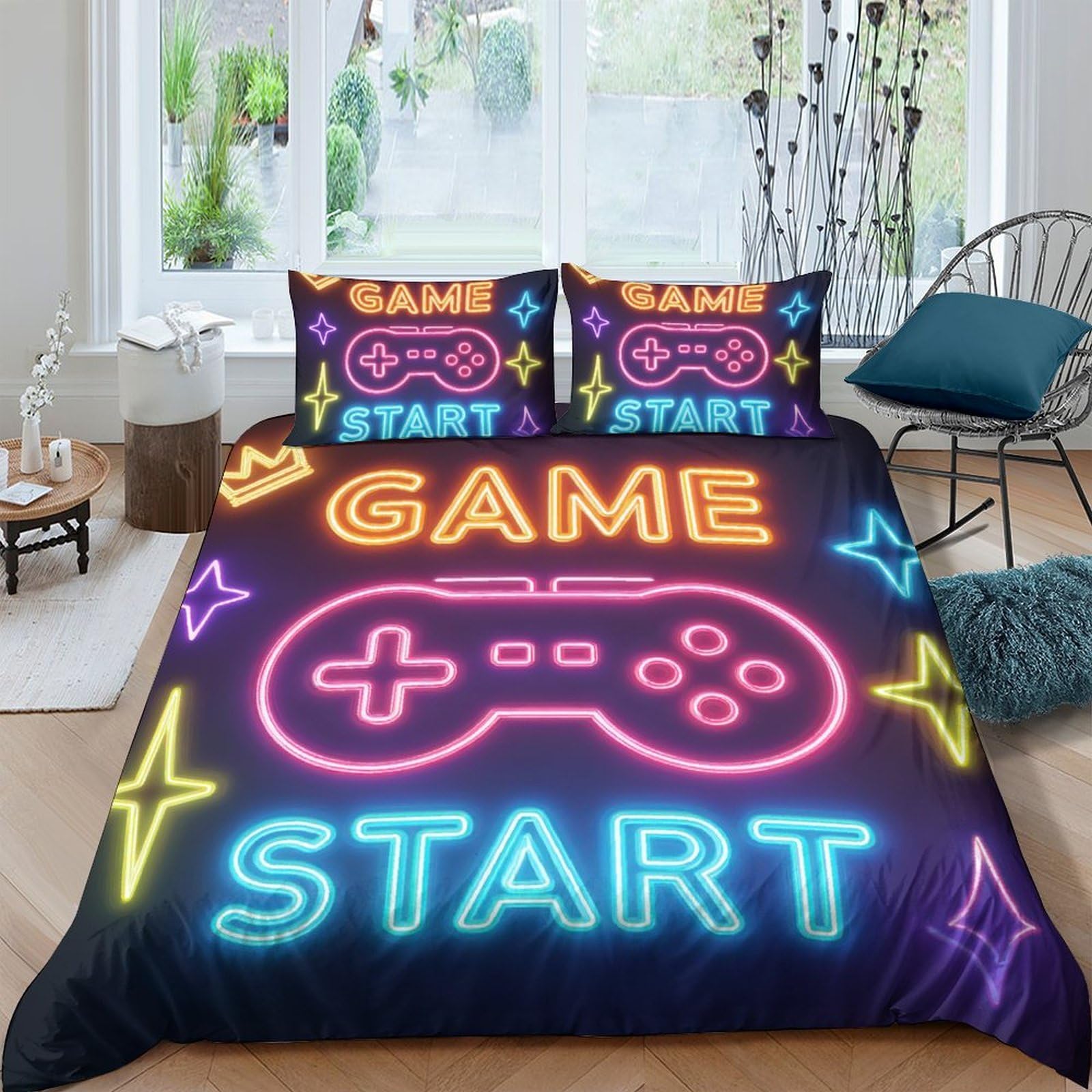 GPLZQXKJNH 3D Printed Neon Game Controller Duvet Cover Microfiber Soft Breathable Start Icon Bedding Set with 2 Pillowcases for Bedroom Decor Single（135x200cm）