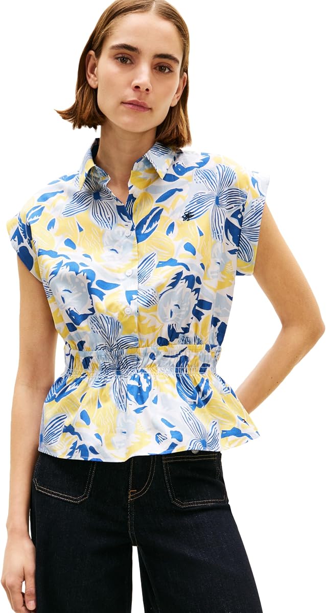 Blusa de algodón sin mangas con botones y cintura ahumada para mujer