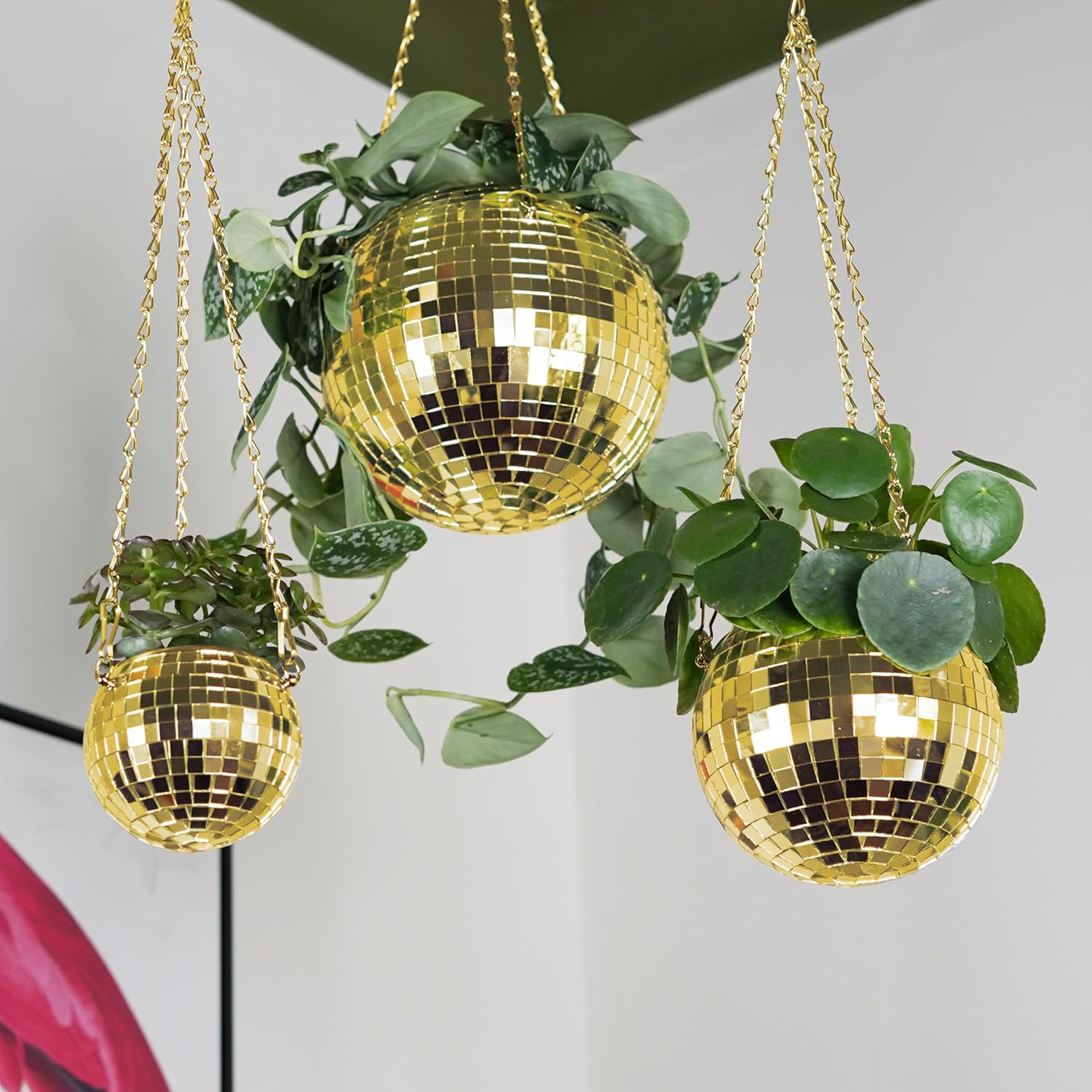 Bubblegum Stuff Gold Disco Ball Hanging Planter - Indoor Herb & Plant Hanger, Boho Decor - 4 inch