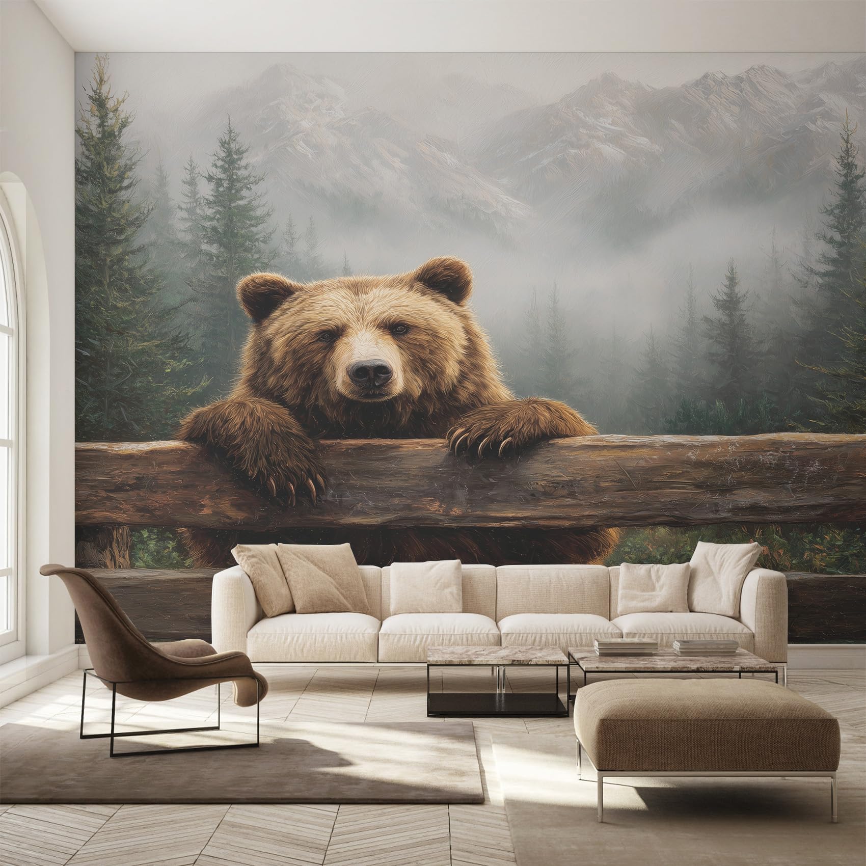 Papier peint intissé ours grizzly pour masquer un mur vide panoramique rustique