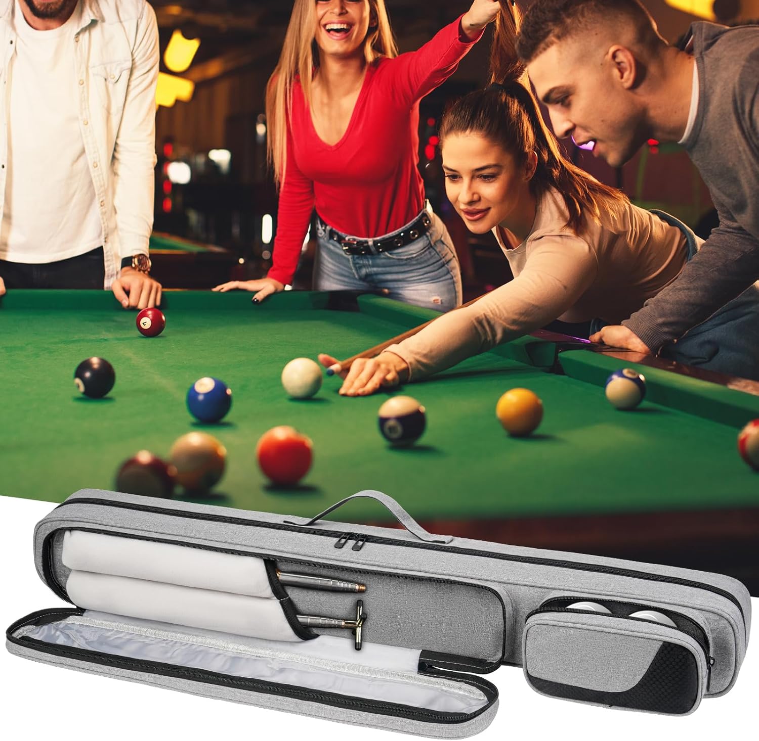 Pool Cue Case, Pool Stick Carrying Case Holds Butts and Shafts, Billiard Cue Bag with Shoulder Straps