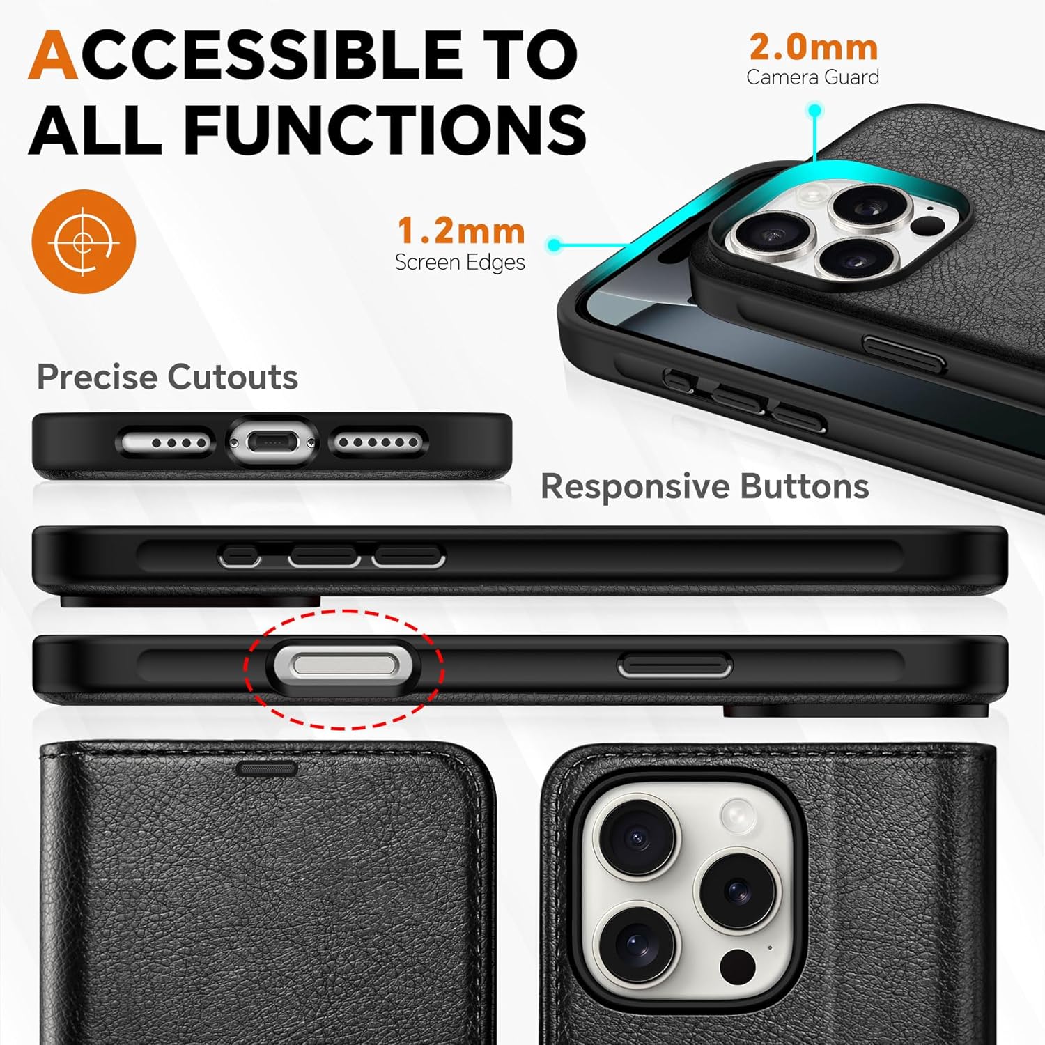 TUCCH Case for iPhone 16 Pro Max, [Detachable] 2 in1 Magnetic PU Leather Wallet RFID Blocking [Wireless Charging] 4 Card Slot Kickstand Removable Cover for iPhone 16 Pro Max, Textured Black - Image 8