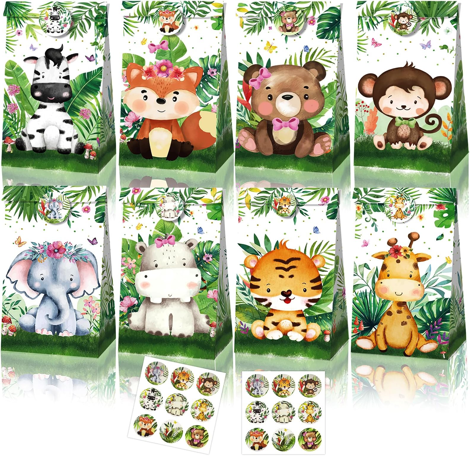 Jungle Party Bags, Animal Party Bags 12 pcs And 18 pcs sealing sticker, Goody Bags, Birthday Party Paper Bags and Halloween Packs Gift Bags for Kids Jungle Style Decorations