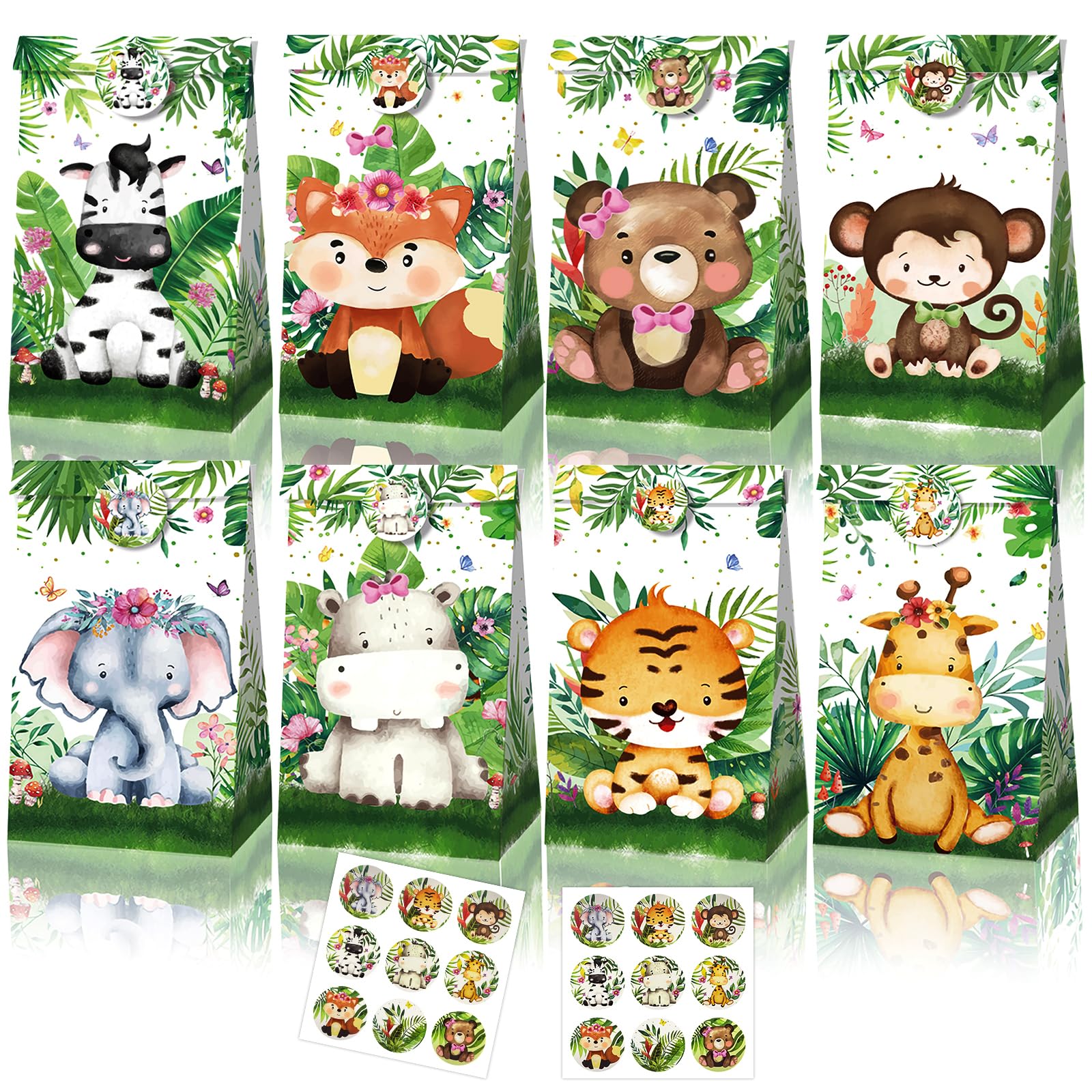 Jungle Party Bags, Animal Party Bags 12 pcs And 18 pcs sealing sticker, Goody Bags, Birthday Party Paper Bags and Halloween Packs Gift Bags for Kids Jungle Style Decorations