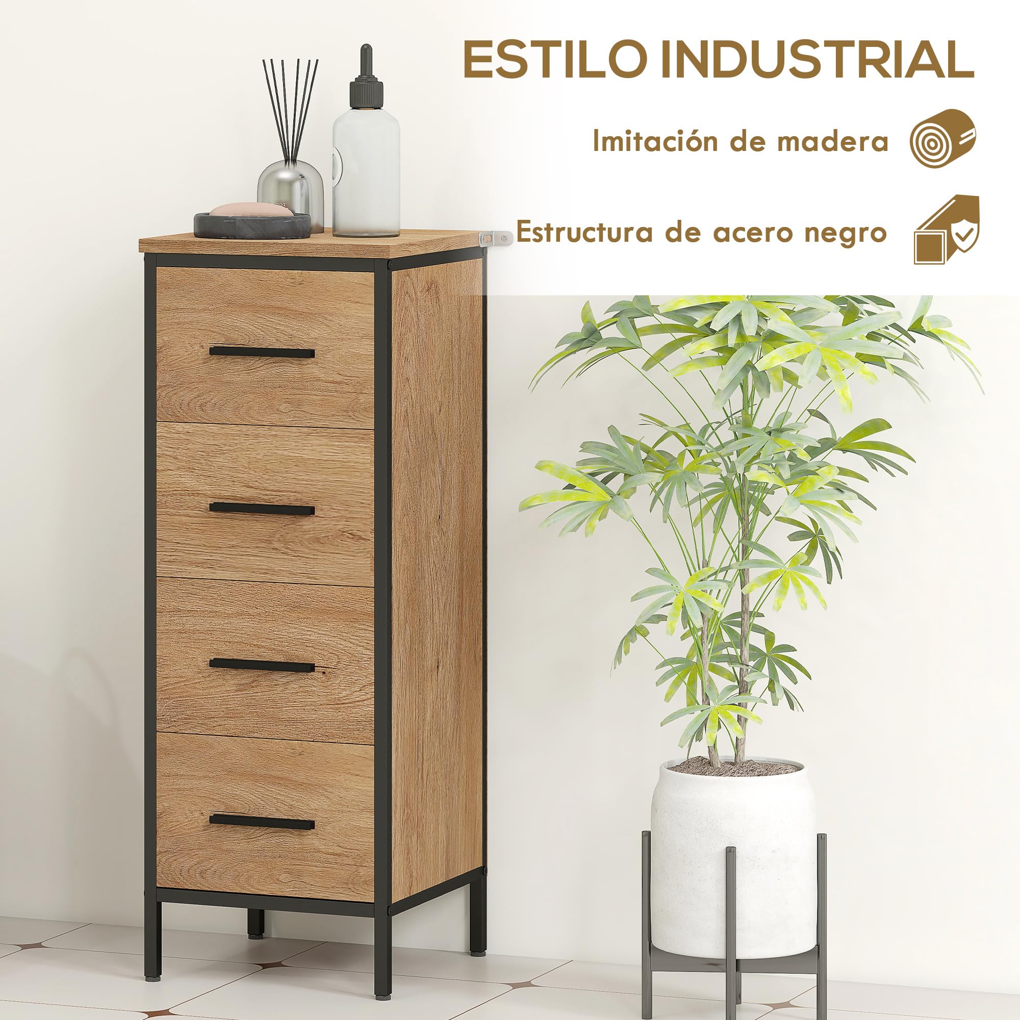 HOMCOM Armario de Baño Estrecho Mueble de Baño con Cajonera de 4 Cajones y Estructura de Acero 30x30x82 cm Color Roble