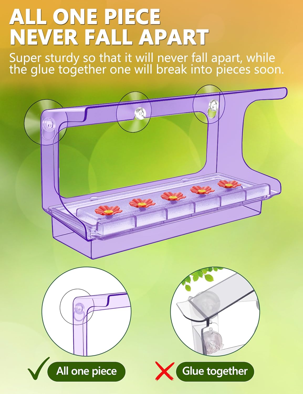 LUJII All One Piece Window Hummingbird Feeder with 5 Strongest Suction Cups, 20 fl.oz Hummer Feeder for Outside, Removable Lift-up Nectar Tray with 5 Feeding Ports, Gift for Bird Watcher (Purple)